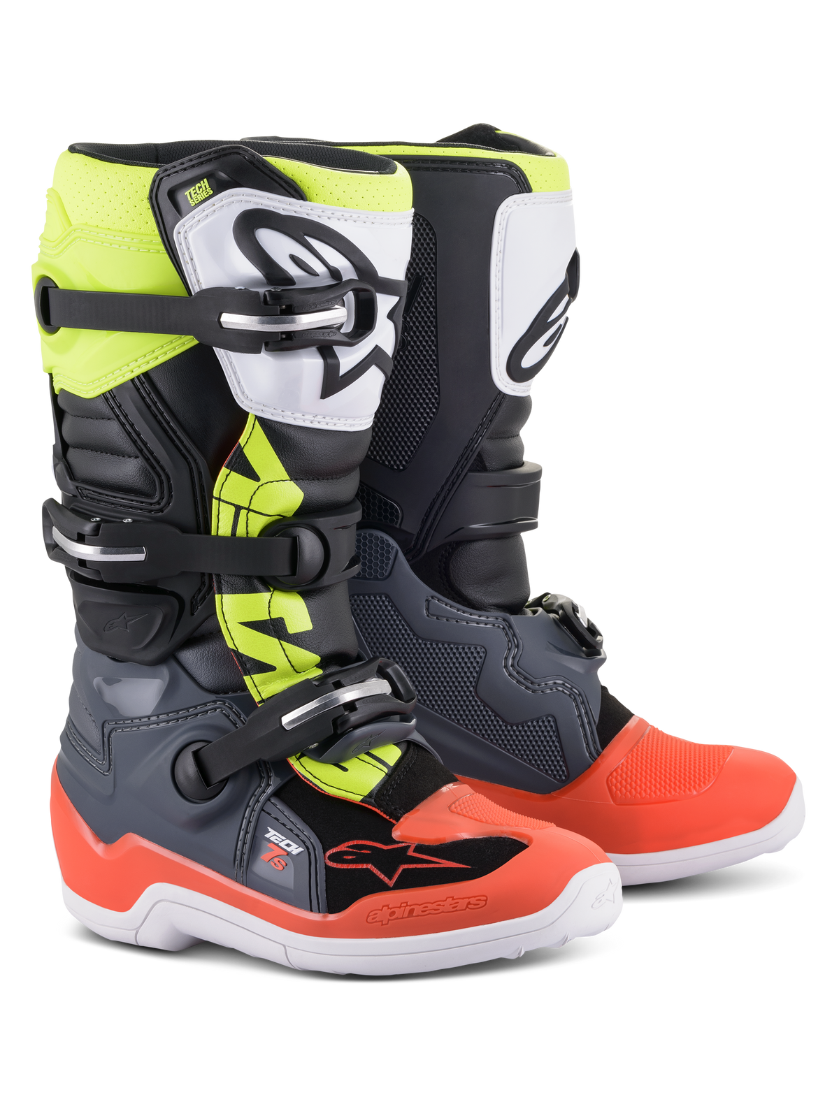 Alpinestars Stivali Youth Tech 7S, stivali da motocross, grigio scuro con dettagli rosso e giallo fluorescente, piastra tibiale in TPU bianca con logo nero, sistema di chiusura a tre fibbie e suola bianca resistente, progettati per giovani piloti off-road