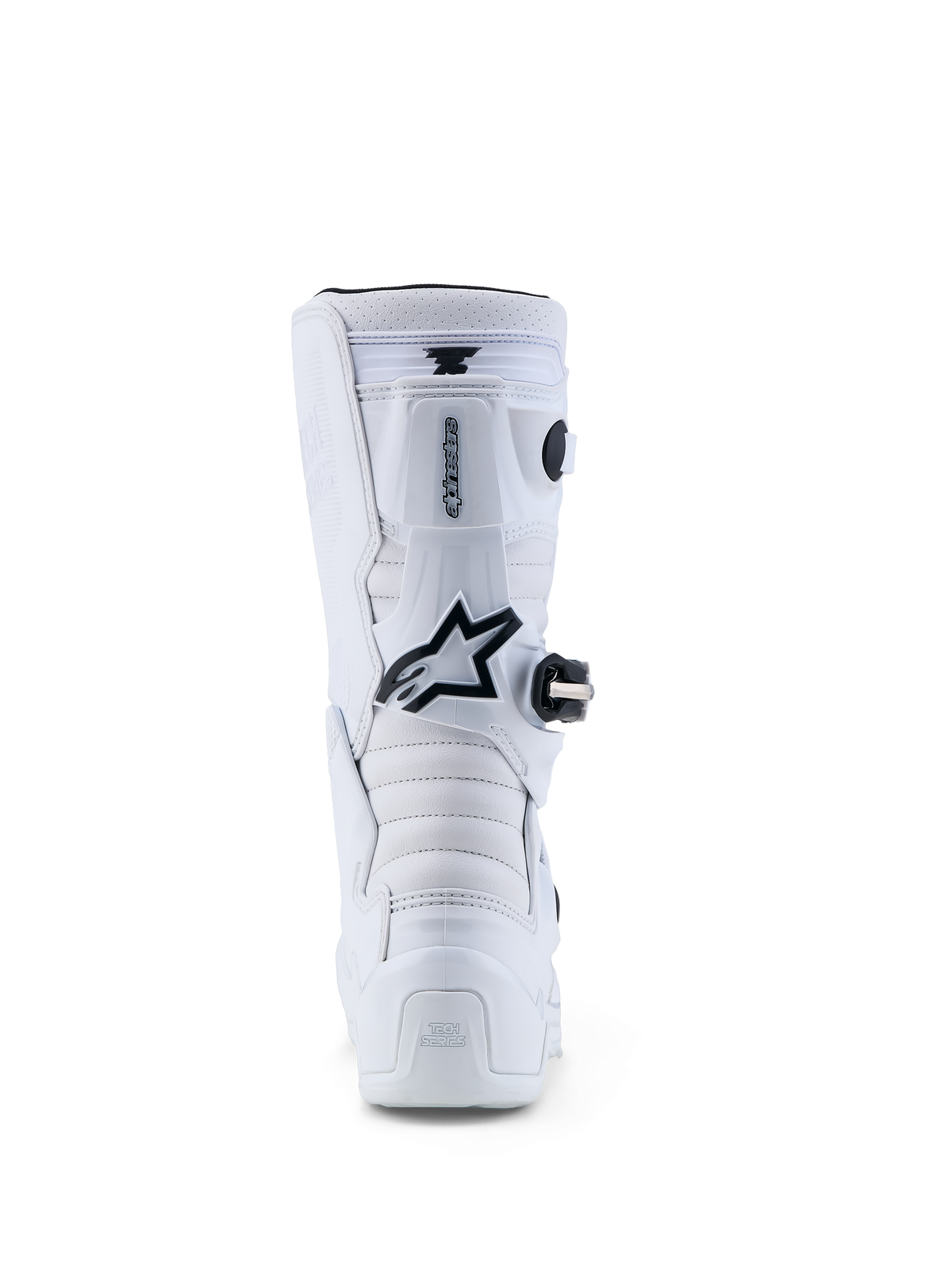 Alpinestars Stivali Tech 7S Ragazzo, stivali motocross bianchi e neri, vista posteriore con protezione TPU e sistema pivot.