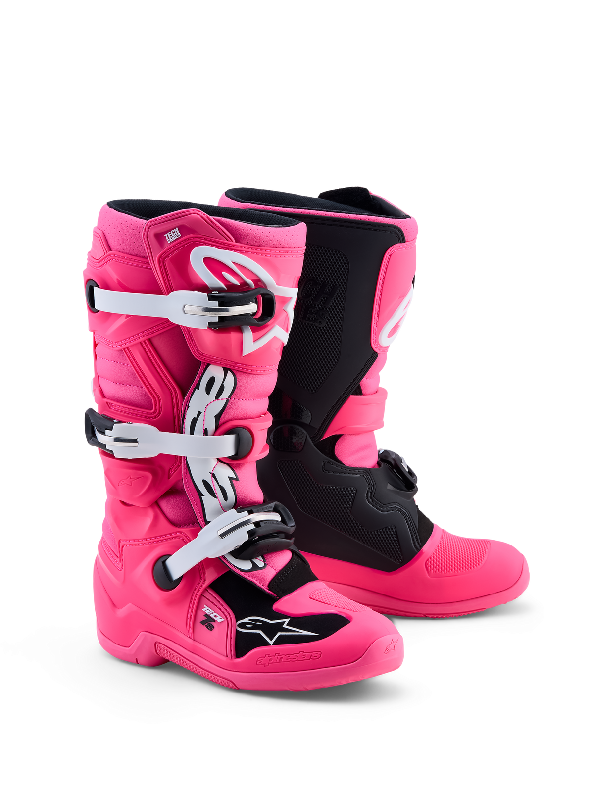 Alpinestars stivali Tech 7S per ragazzi, stivali da motocross rosa fluo e neri con protezioni in TPU, certificati CE