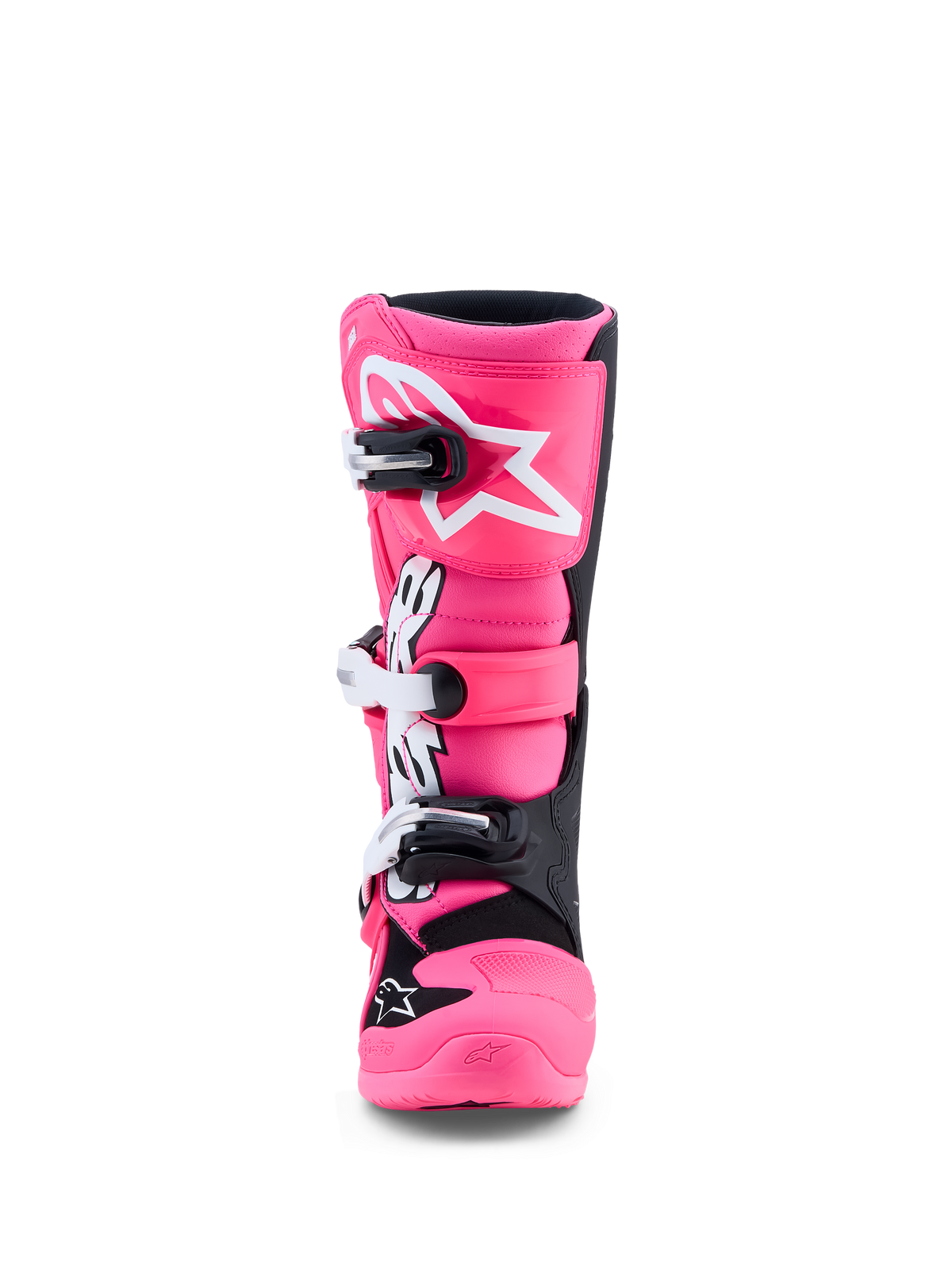 Alpinestars Stivali Tech 7S Ragazzo, stivali da motocross rosa fluo e neri con parastinchi in TPU e fibbie a sgancio rapido, certificati CE.