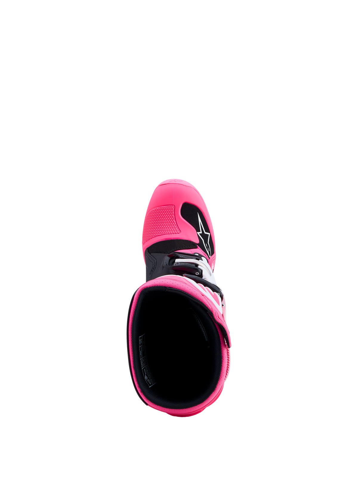 Alpinestars Stivali Tech 7S Ragazzo, stivali da motocross rosa fluo e neri, vista dall'alto dell'interno e protezioni in TPU.