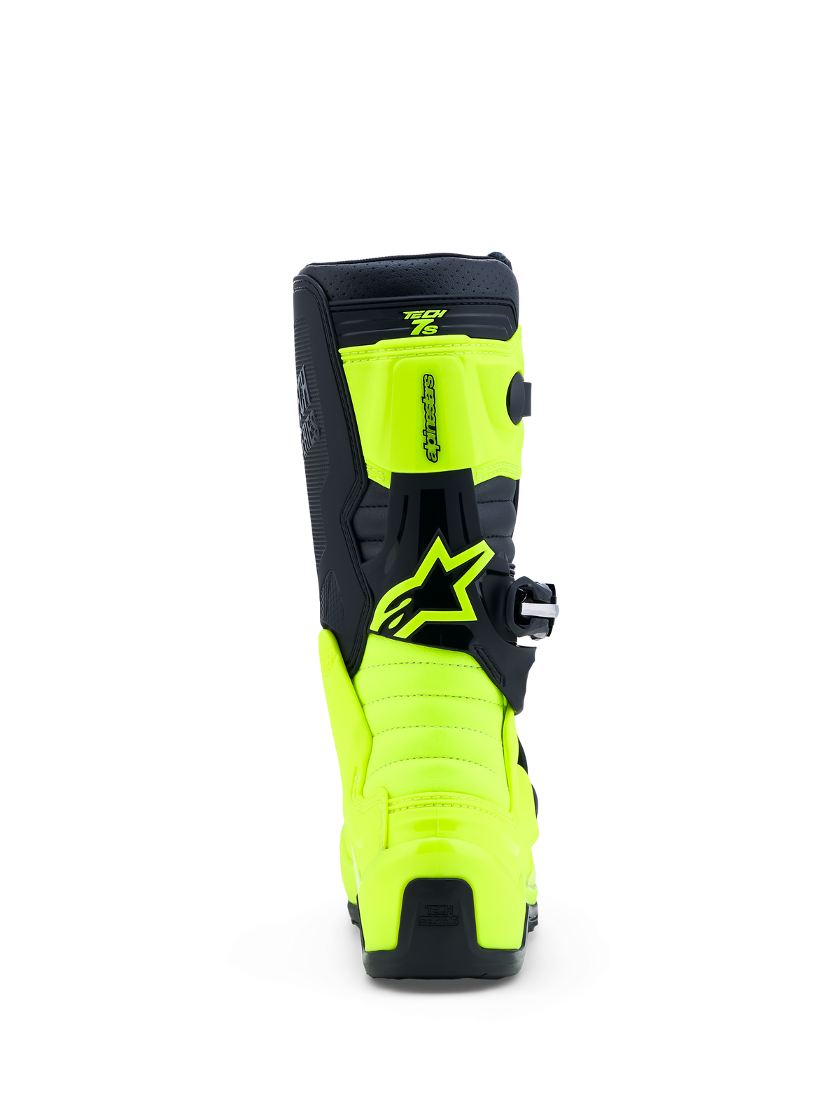 Alpinestars Stivali Tech 7S Ragazzo, stivali da motocross giallo fluo e neri, vista posteriore con pannelli in TPU e logo.