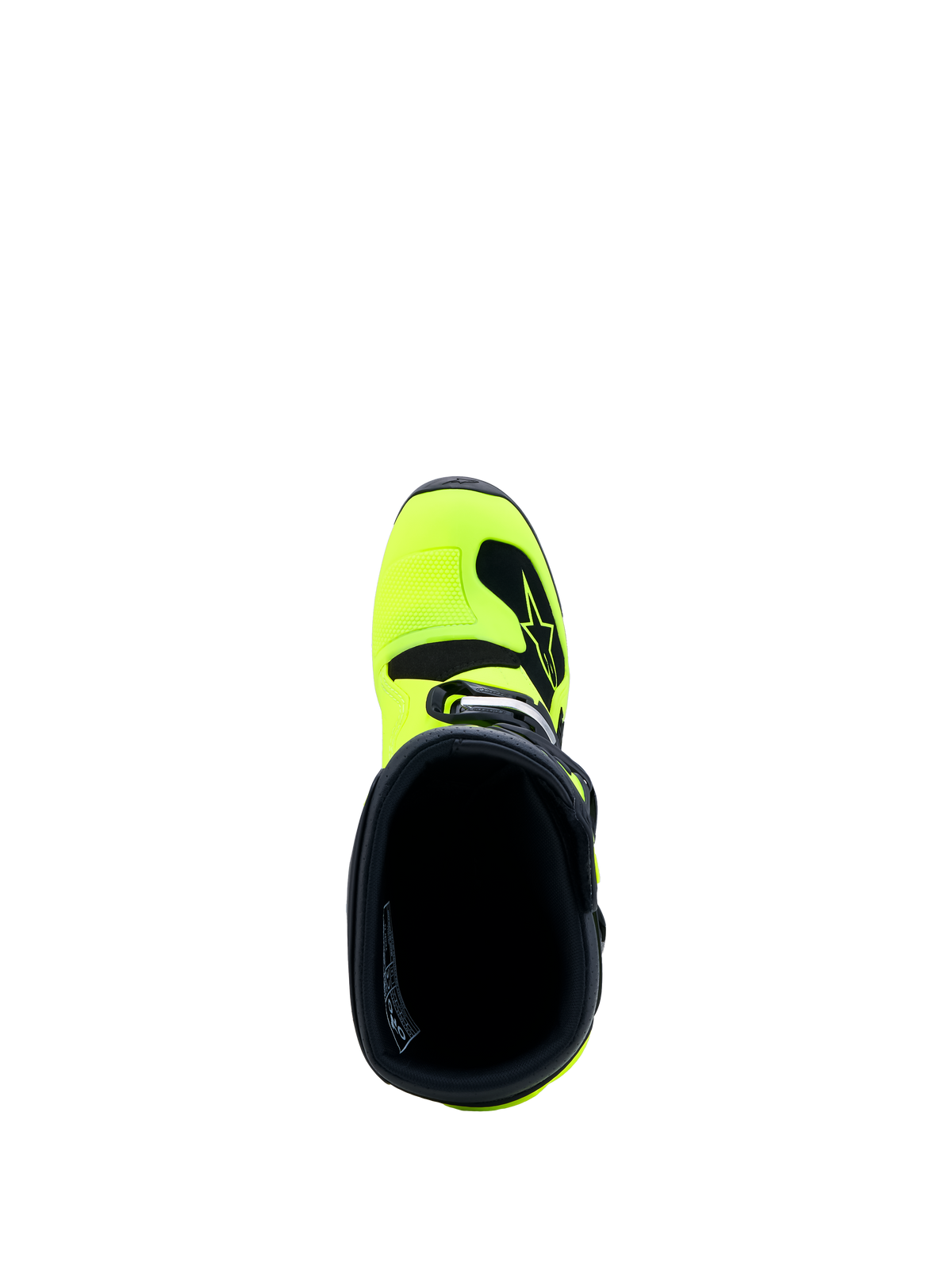 Alpinestars Stivali Tech 7S Ragazzo, stivali da motocross giallo fluo e nero, vista dall'alto dell'imbottitura interna e del collo dello stivale
