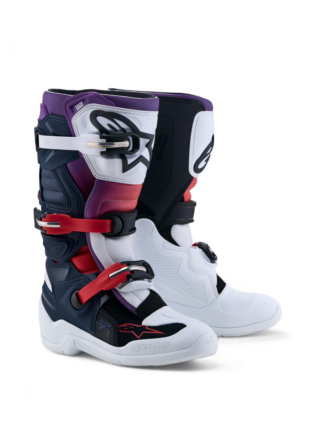 Alpinestars stivali Tech 7S ragazzo, stivali da motocross blu scuro, bianchi e neri, protezioni in TPU, certificati CE