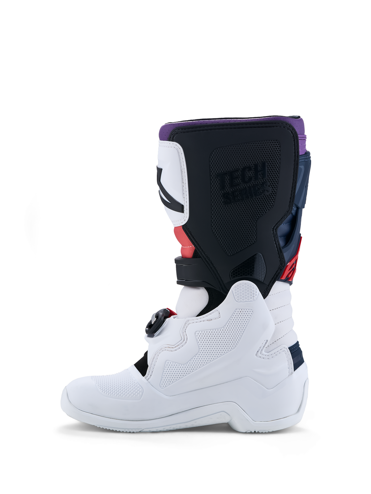 Alpinestars Stivali Tech 7S Ragazzo, stivali da motocross, bianchi e neri con dettagli rossi e blu, protezione in TPU e sistema pivot per giovani piloti fuoristrada.
