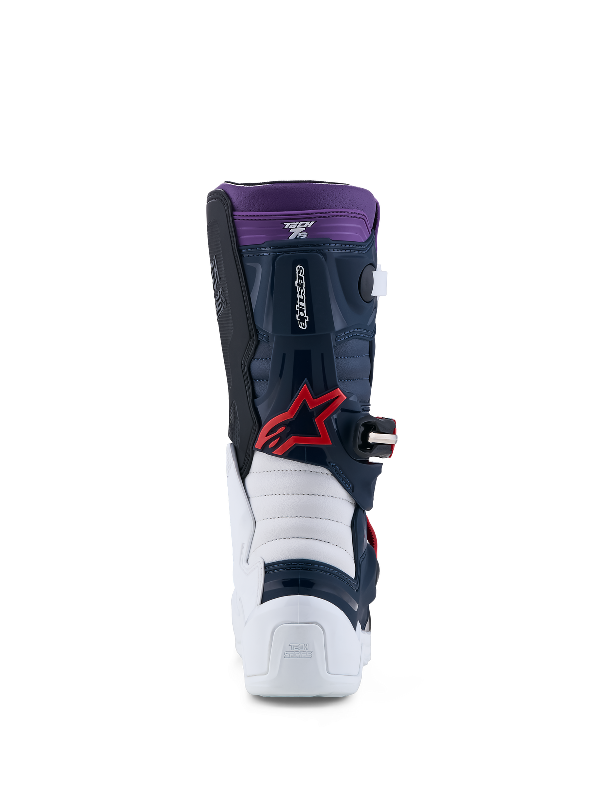 Alpinestars stivali Tech 7S ragazzo, stivali motocross blu, bianchi e viola con logo rosso, vista posteriore, certificati CE.
