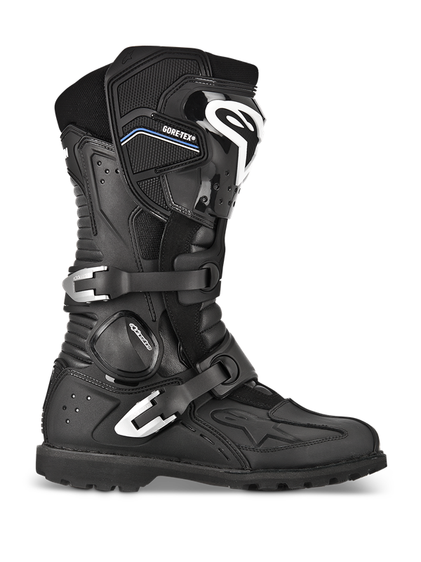 Stivali Alpinestars Toucan GORE-TEX, stivali da moto adventure touring, nero, vista di profilo con doppia fibbia in alluminio argento, marchio GORE-TEX, parastinchi rinforzato con logo bianco e suola a carrarmato robusta