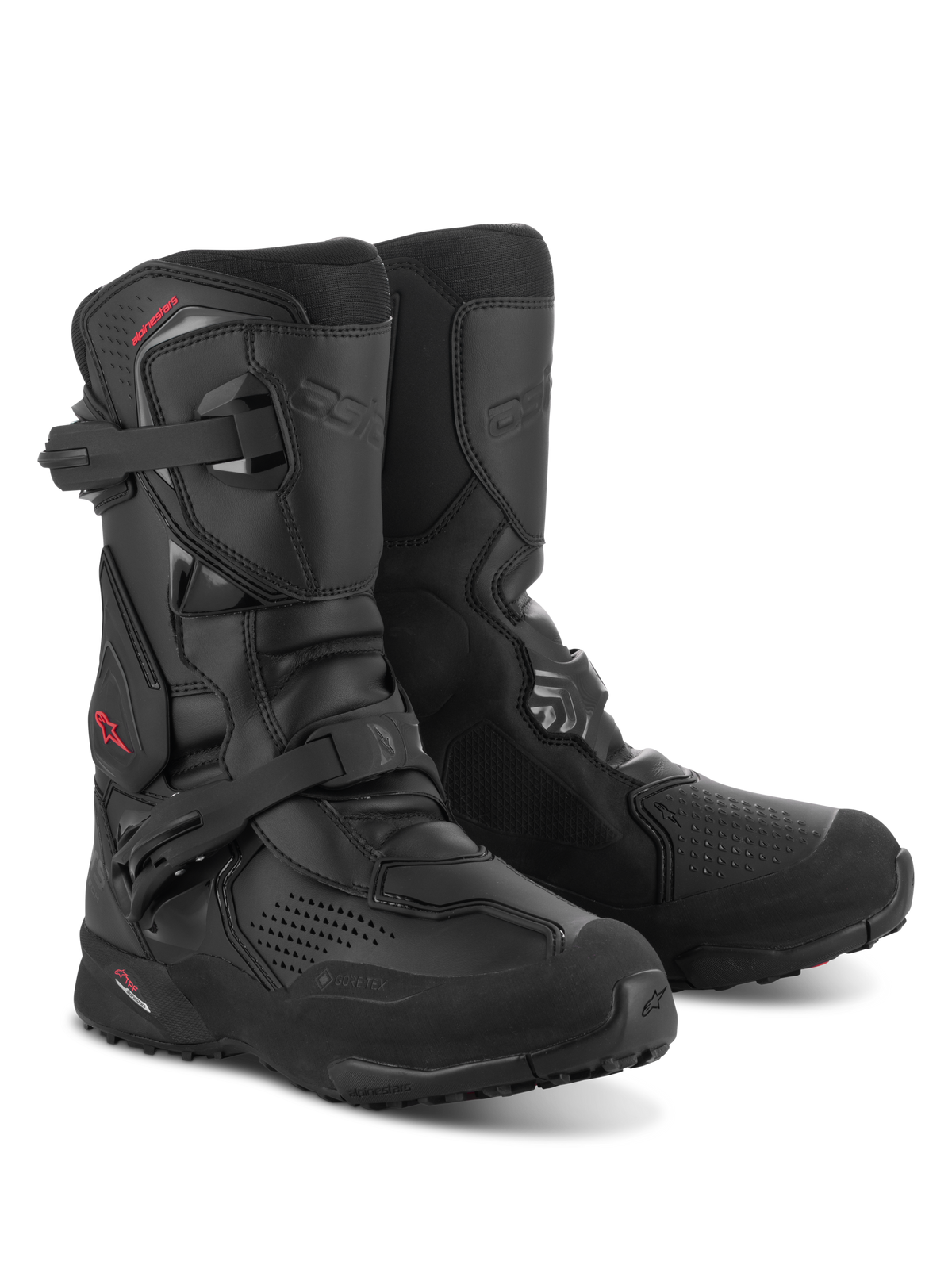 Alpinestars XT-8 GORE-TEX Boots, All-Black Adventure Enduro Motorcycle Boots, featuring dual buckle closure, reinforced shin and toe areas, aggressive lugged rubber outsole, and red Alpinestars logo on the side.