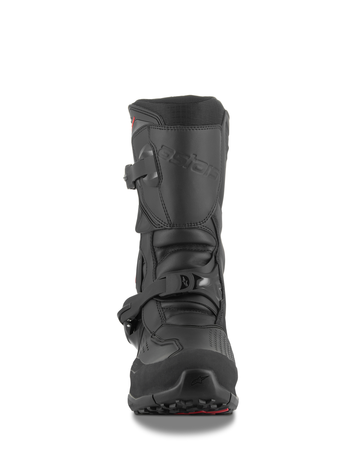 Alpinestars XT-8 GORE-TEX Boots, Black, front view, featuring double buckle closure system, tall protective design for adventure touring and off-road riding, durable construction with rugged lugged outsole
