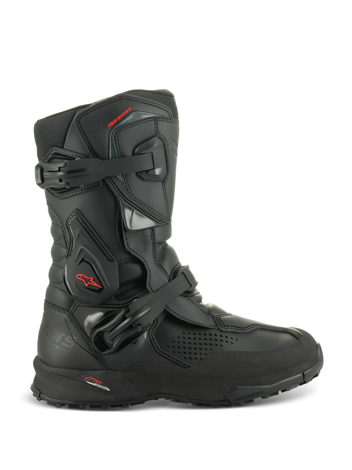 Alpinestars XT-8 GORE-TEX Boots, Black Adventure Enduro Motorcycle Boots, side profile, two buckle fastening system, protective TPU panels, red Alpinestars star logo, rugged lug outsole, waterproof and breathable GORE-TEX membrane