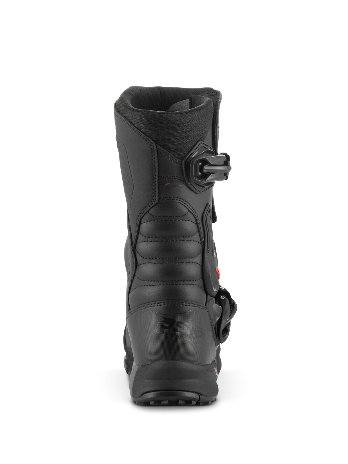 Alpinestars XT-8 GORE-TEX Boots, Adventure Enduro Motorcycle Boots, Black Black, Rear view highlighting the heel and shaft, featuring ribbed flex panels for movement and buckle closure, durable waterproof design