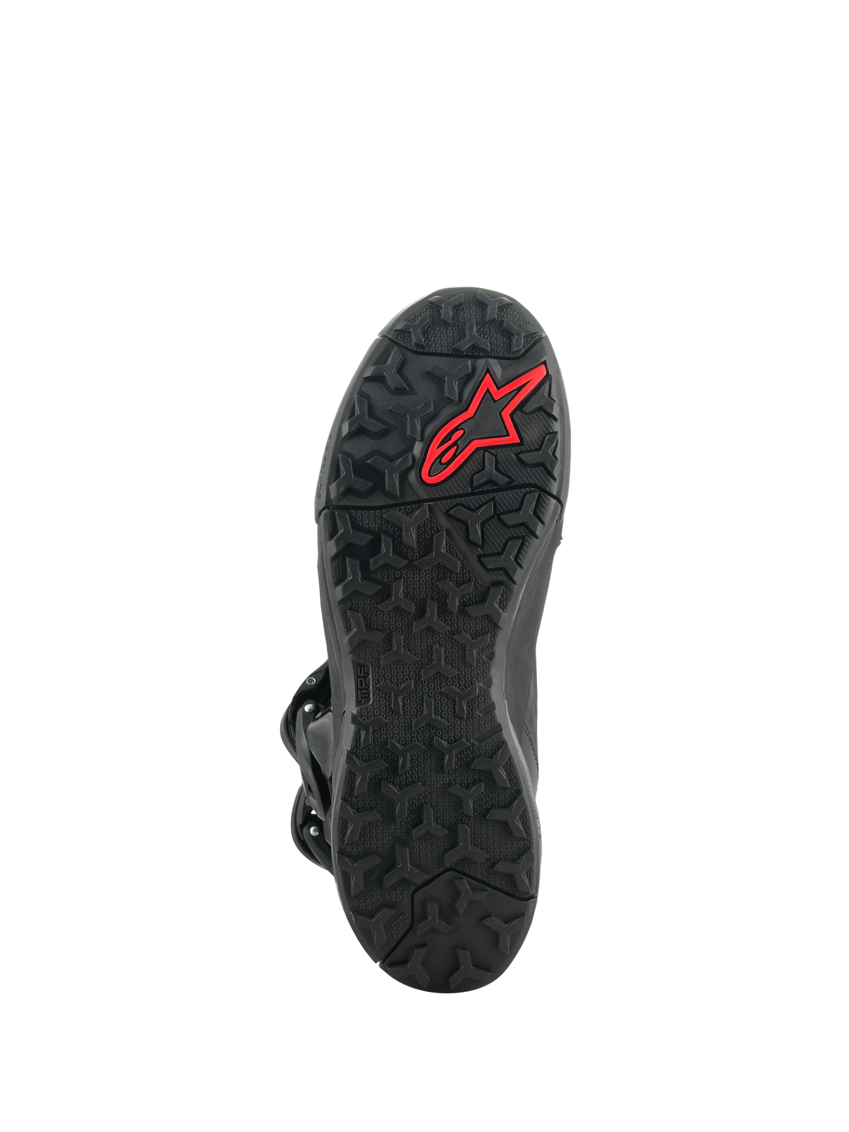 Alpinestars XT-8 GORE-TEX Boots, Adventure Enduro Boots, outsole view, black rubber with an aggressive lug pattern and a red Alpinestars logo, optimized for off-road grip and durability