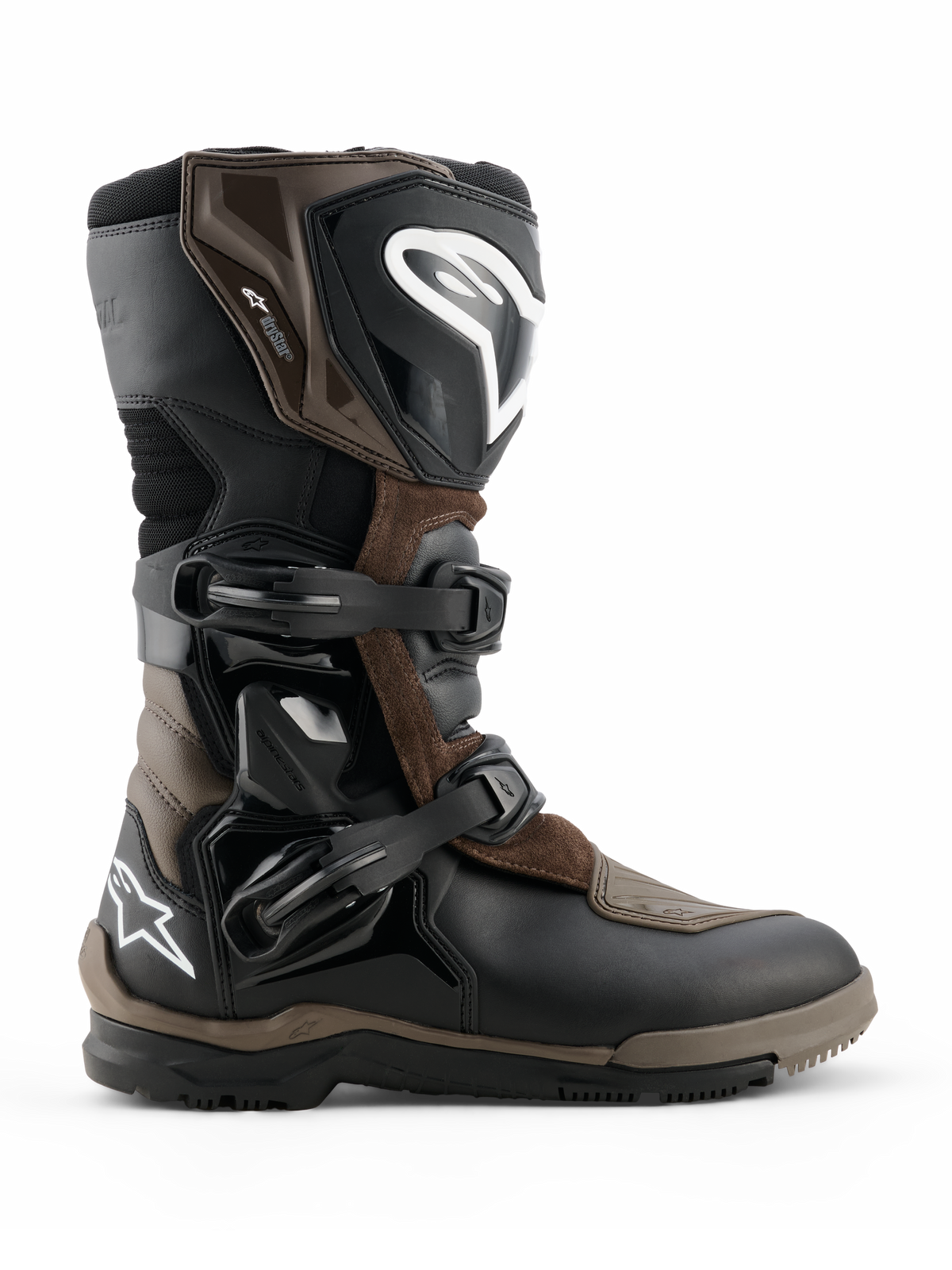 Stivali Alpinestars Corozal V2 Adventure Drystar, stivali da moto adventure touring, marrone e nero, costruzione impermeabile con fibbie regolabili, protezione rinforzata per caviglia e stinco, suola testurizzata robusta per grip su ogni terreno