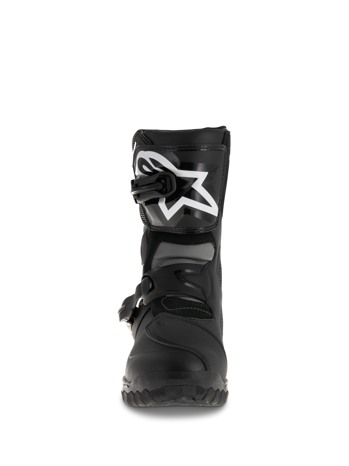 Stivali Alpinestars Belize Drystar®, stivali da moto adventure touring, nero, vista frontale con placca tibiale in TPU e grande logo bianco, sistema di chiusura a doppia fibbia e robusta suola vulcanizzata