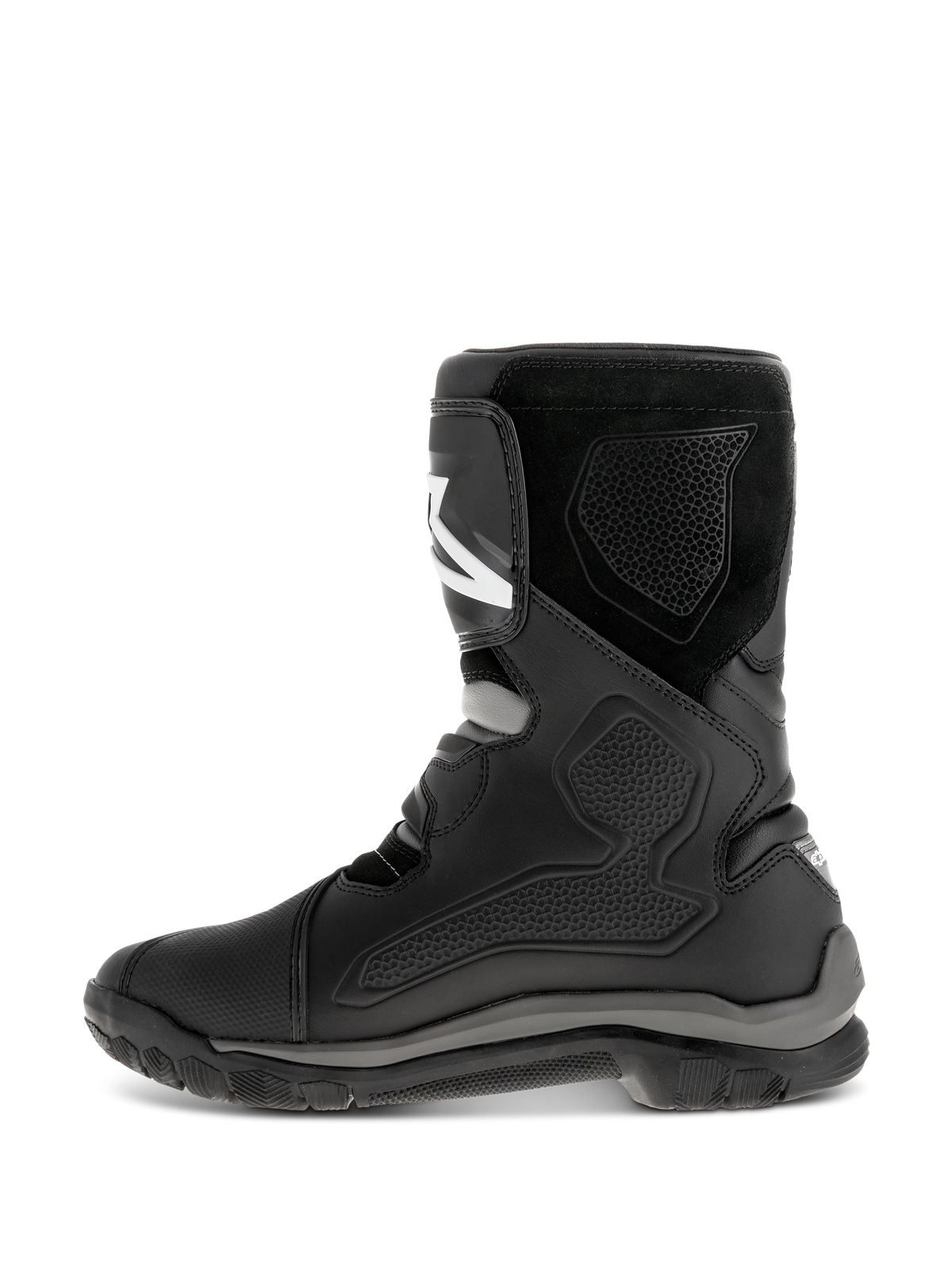 Alpinestars Belize Drystar® Boots, stivali da moto neri, vista laterale del profilo che mostra la costruzione in pelle con pannelli protettivi in TPU, finitura scamosciata e una robusta suola in gomma vulcanizzata per adventure touring