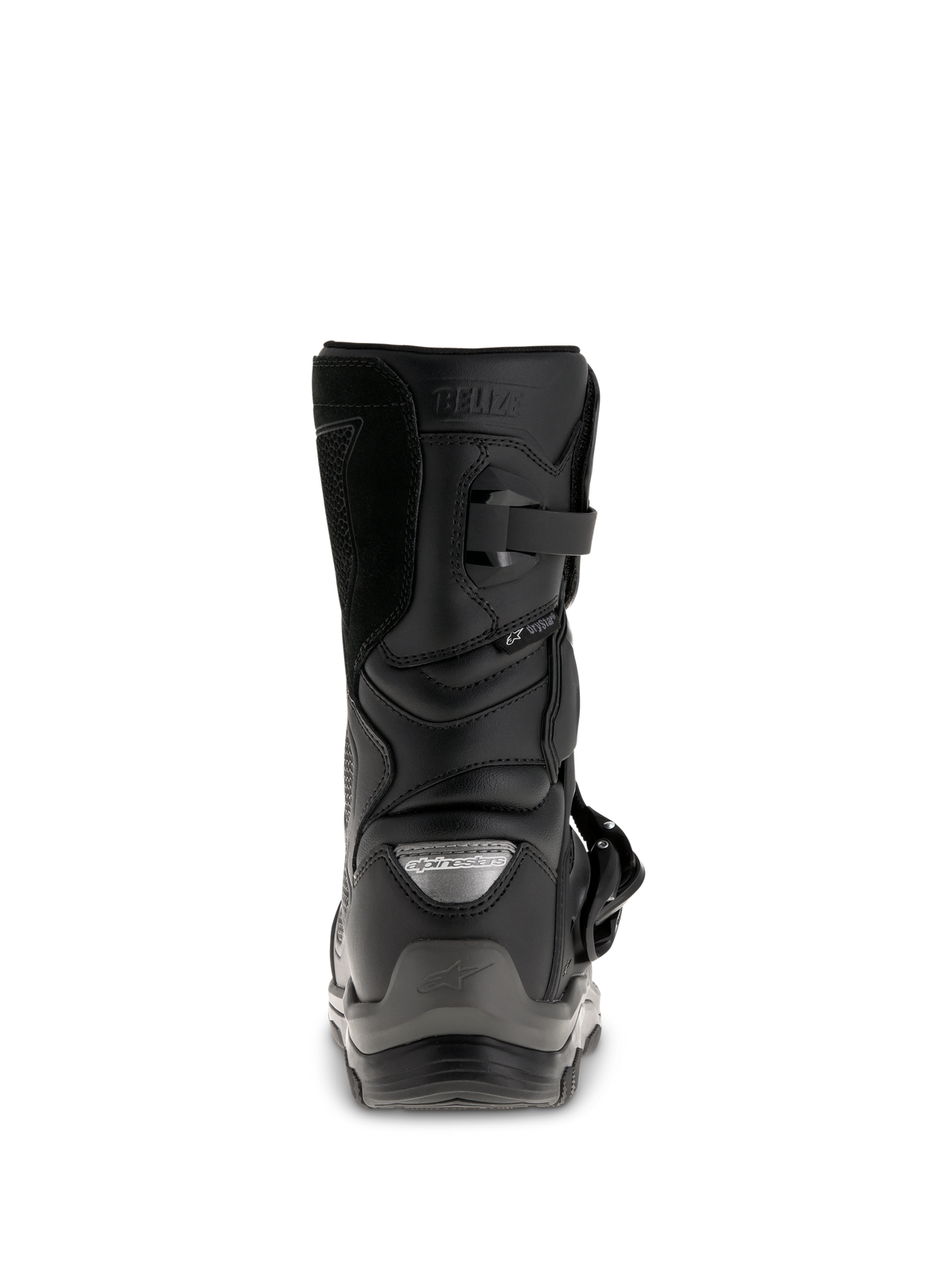 Stivali Alpinestars Belize Drystar®, stivali da moto adventure touring neri, vista posteriore con contrafforte del tallone, chiusura con fibbia e logo Drystar® impermeabile