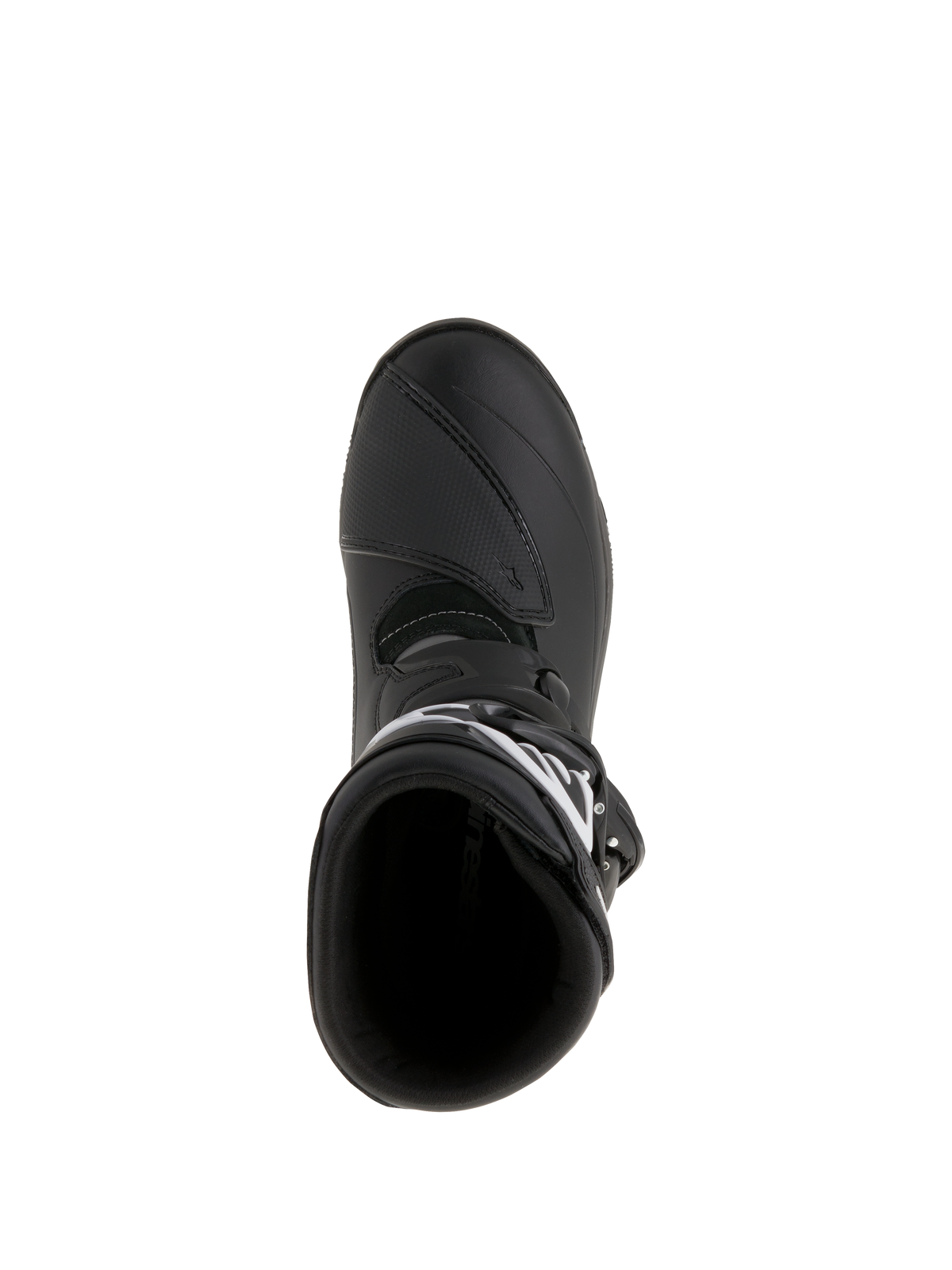 Alpinestars Belize Drystar® Boots, stivali da moto adventure touring, nero, vista dall'alto con dettaglio dell'apertura d'ingresso e della protezione cambio rinforzata, realizzati in pelle impermeabile e microfibra