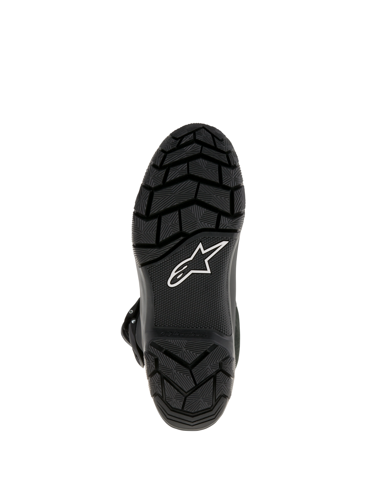 Stivali Alpinestars Belize Drystar®, stivali da moto adventure touring, vista dal basso che mostra la suola in gomma vulcanizzata nera con battistrada tassellato per un'aderenza superiore e logo a stella Alpinestars bianco
