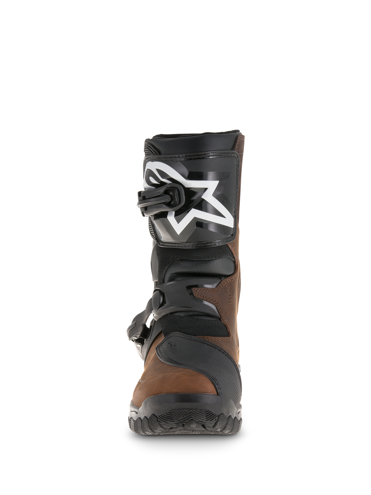 Alpinestars Belize Drystar® Boots, stivali adventure touring, marrone oliato e nero, vista frontale con placca tibiale in TPU e logo a stella bianco, sistema di chiusura a doppia fibbia e suola testurizzata robusta