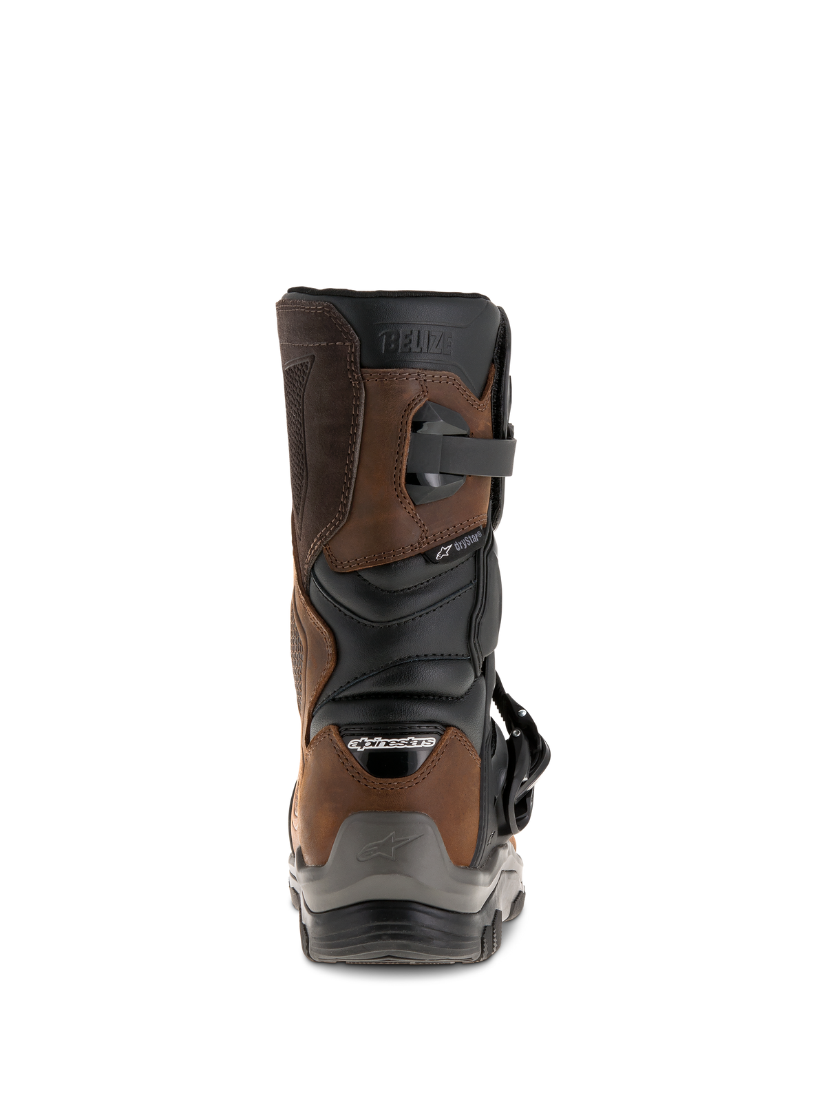 Stivali Alpinestars Belize Drystar®, vista posteriore, marrone oliato e nero, stivali da moto impermeabili per adventure touring con design a polpaccio corto, logo 'BELIZE' a rilievo e robusta protezione per il tallone