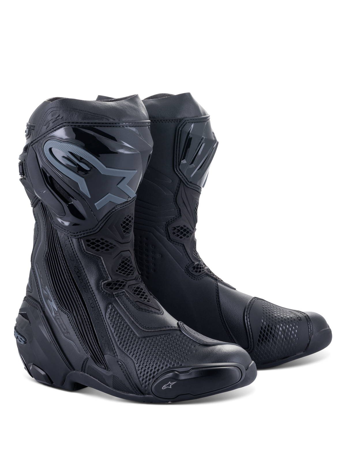 Stivali Alpinestars Supertech R, stivali racing da moto, nero su nero, con placche tibiali protettive in TPU, slider sostituibili e un design aerodinamico per la guida su strada e in pista.