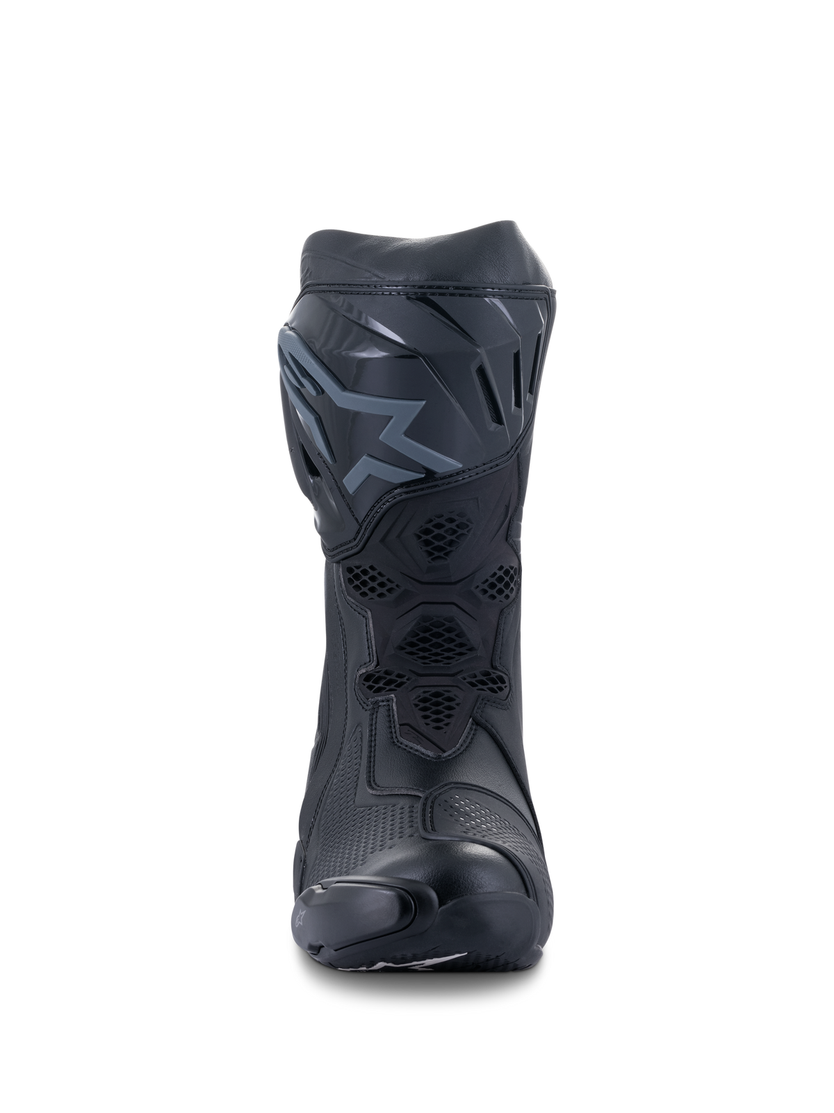 Stivali Alpinestars Supertech R, stivali da moto racing, nero, vista frontale che mostra la placca tibiale in TPU con logo, pannelli di ventilazione in mesh e costruzione protettiva aerodinamica