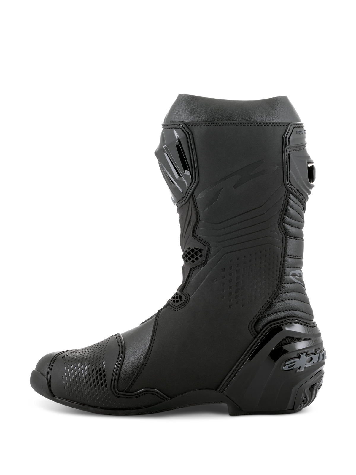 Stivali Alpinestars Supertech R, stivali da moto racing, nero, vista laterale con placca tibiale in TPU, protezione tallone rinforzata e zone a soffietto per movimento naturale, calzature professionali per prestazioni su pista e strada