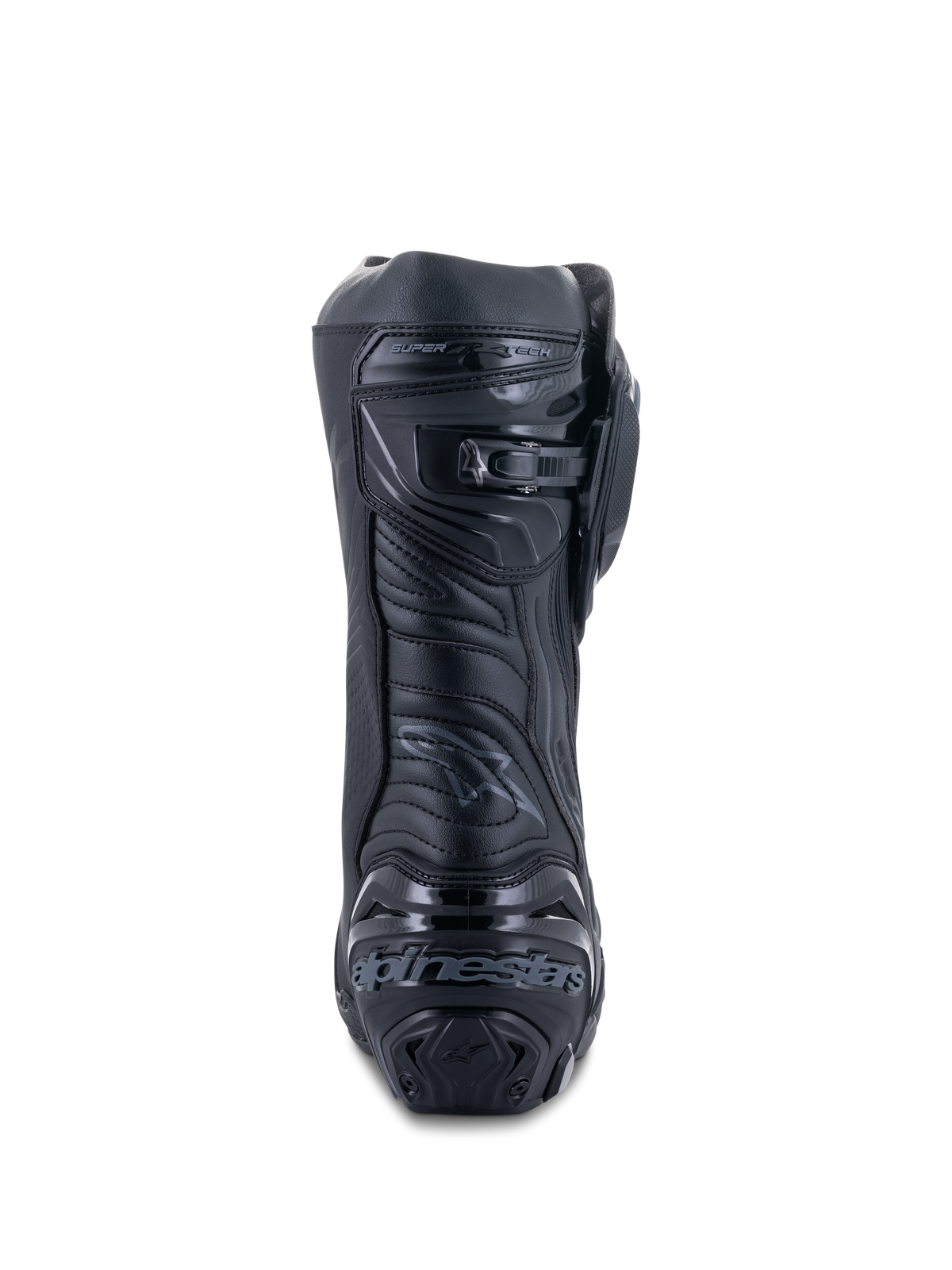 Stivali Alpinestars Supertech R, Nero Nero, vista posteriore con placca del tallone rinforzata con branding, chiusura del polpaccio a cricchetto microregolabile e zona d'Achille flessibile, calzatura professionale da moto da corsa