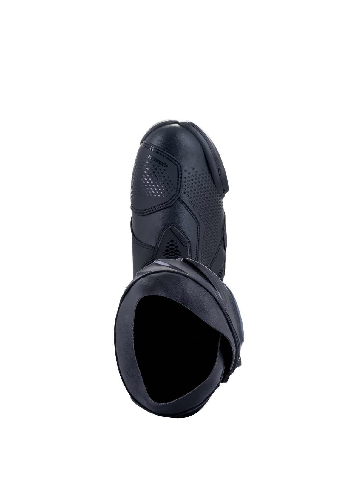 Stivali Alpinestars Supertech R, stivali da moto racing, colore nero, vista dall'alto che mostra l'apertura interna, la protezione cambio e la tomaia sintetica testurizzata, design professionale per competizioni