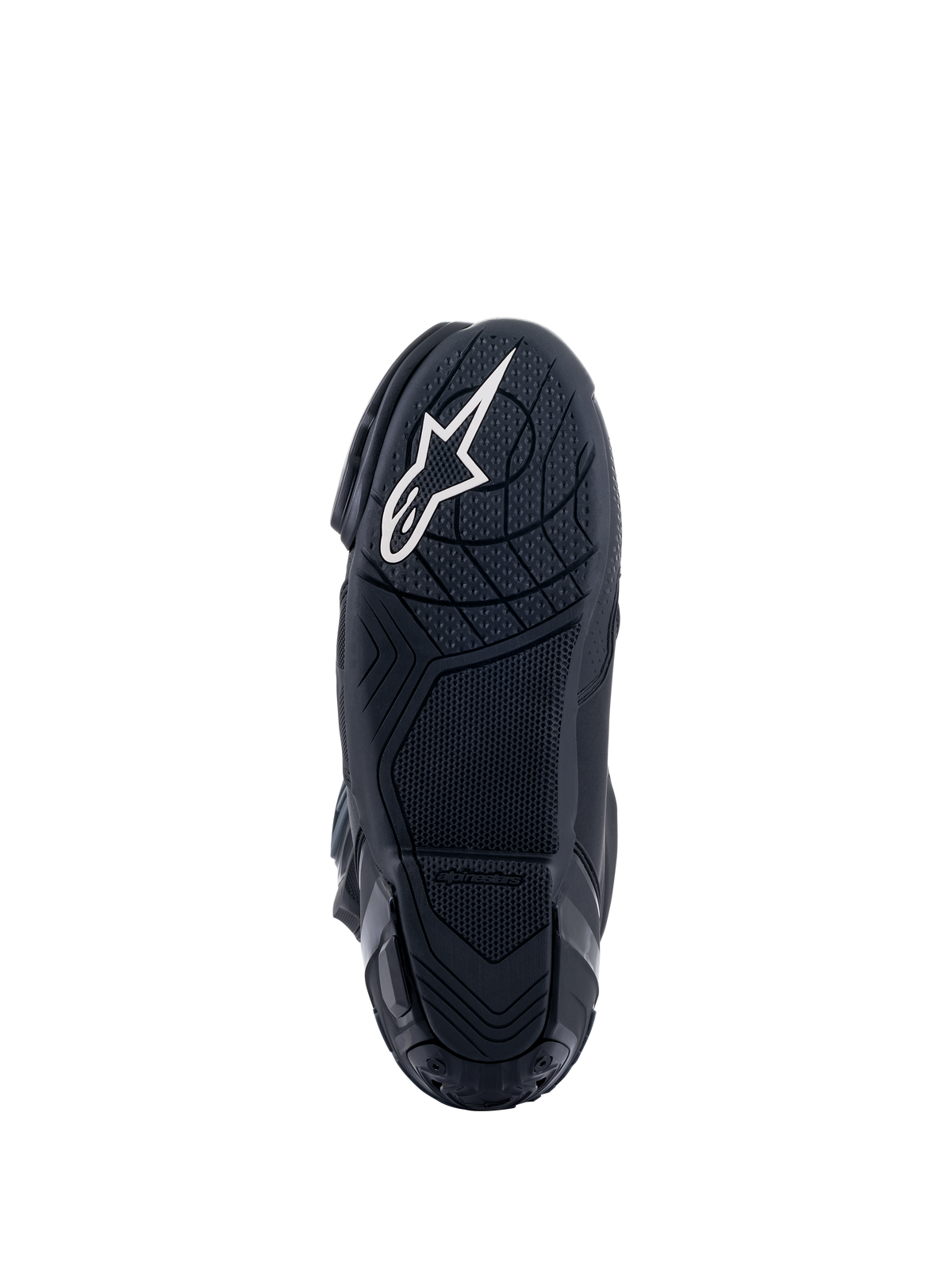 Stivali Alpinestars Supertech R, stivali da moto racing, nero, vista dal basso della suola in mescola di gomma con motivi di grip testurizzati e logo a stella Alpinestars bianco sul tallone