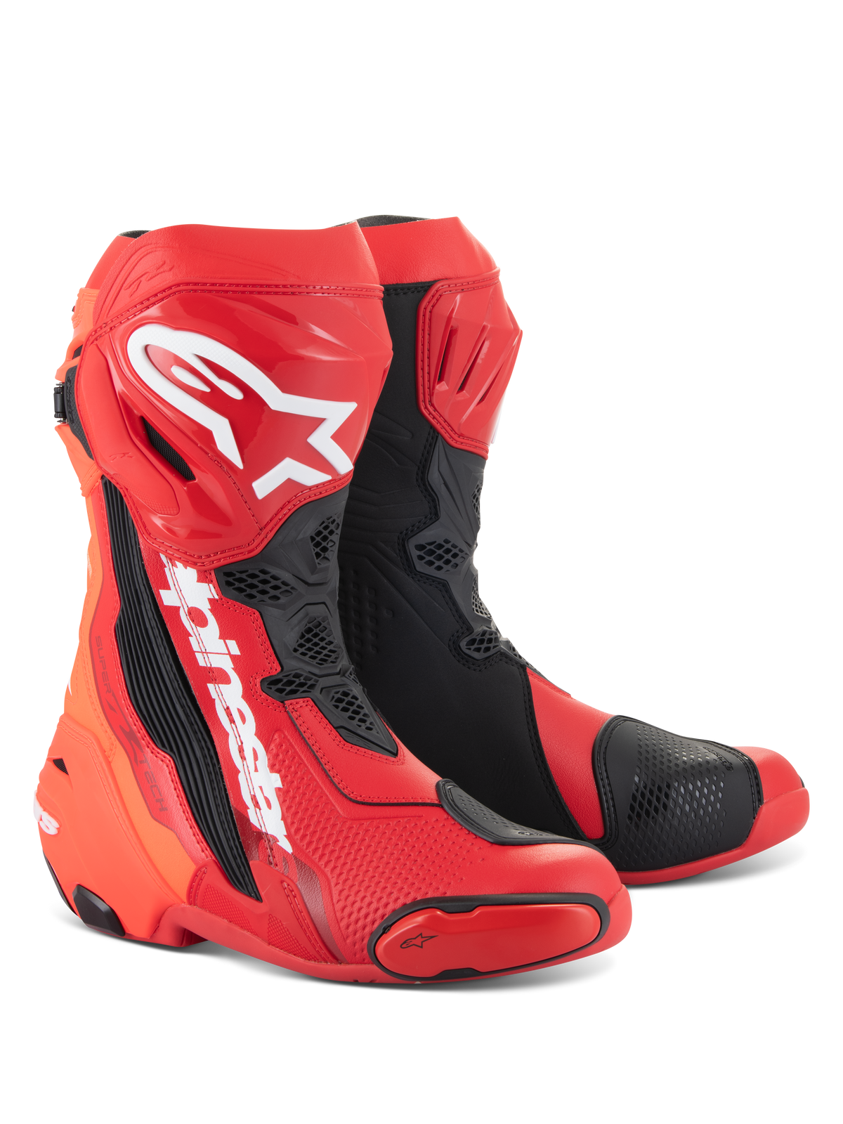 Stivali Alpinestars Supertech R, stivali da moto racing, rosso brillante e rosso fluo con dettagli neri e bianchi, con loghi Alpinestars bianchi sulla tibia, placche protettive rinforzate e slider della punta sostituibili, calzature ad alte prestazioni per sport e racing.