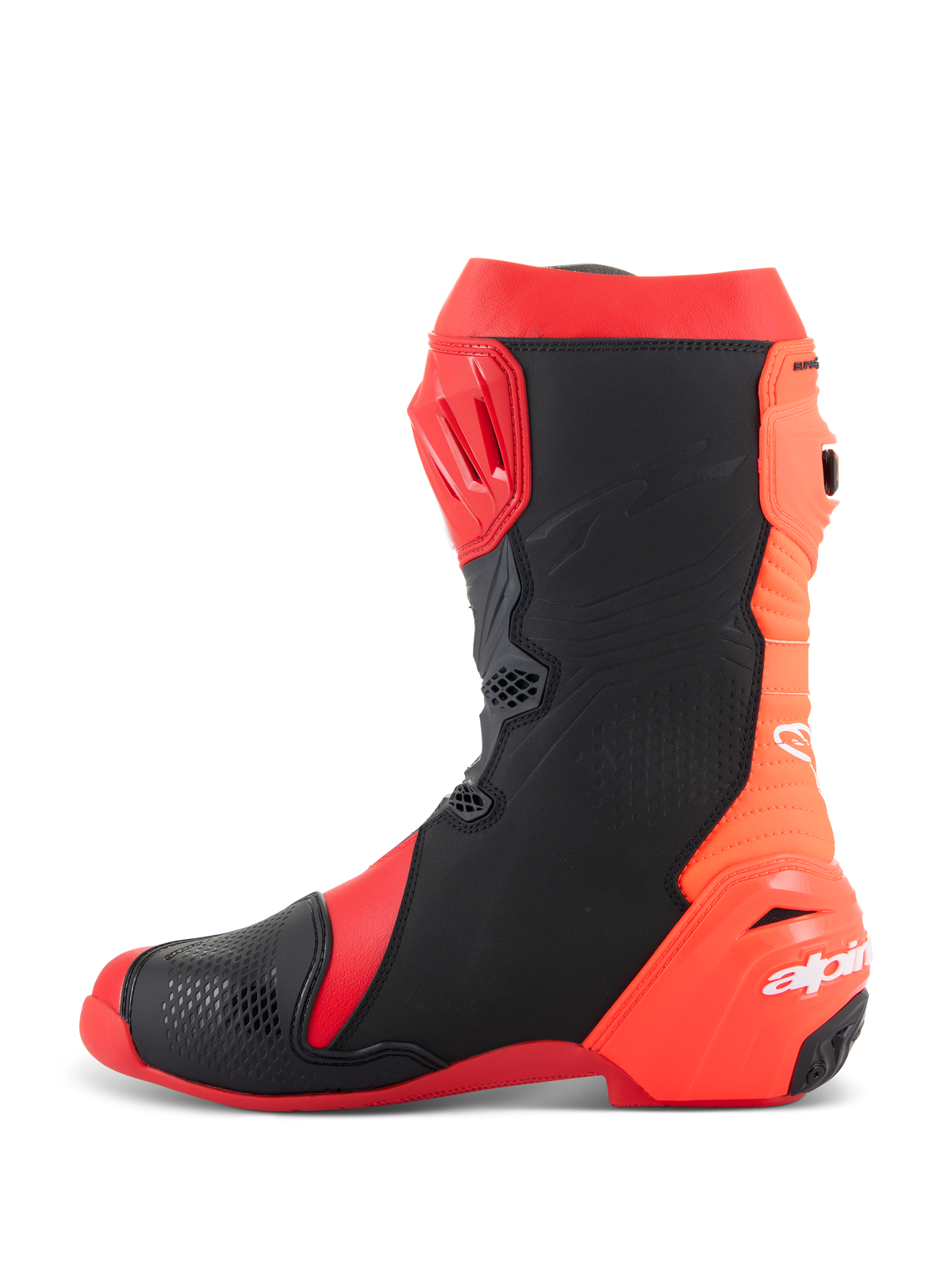 Stivali Alpinestars Supertech R, stivali da moto professionali per il racing, Rosso Vivace e Rosso Fluo con pannelli neri, vista di profilo laterale che mostra la placca tibiale in TPU, design flessibile a soffietto posteriore e logo Alpinestars bianco sul tallone