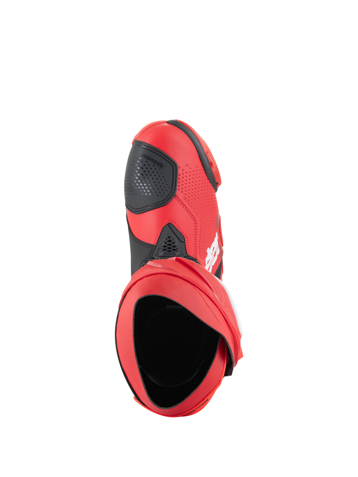 Stivali Alpinestars Supertech R, stivali da moto racing, Rosso Brillante e Rosso Fluo, prospettiva dall'alto che mostra l'apertura interna e il paracambio nero, design aerodinamico per pista e strada