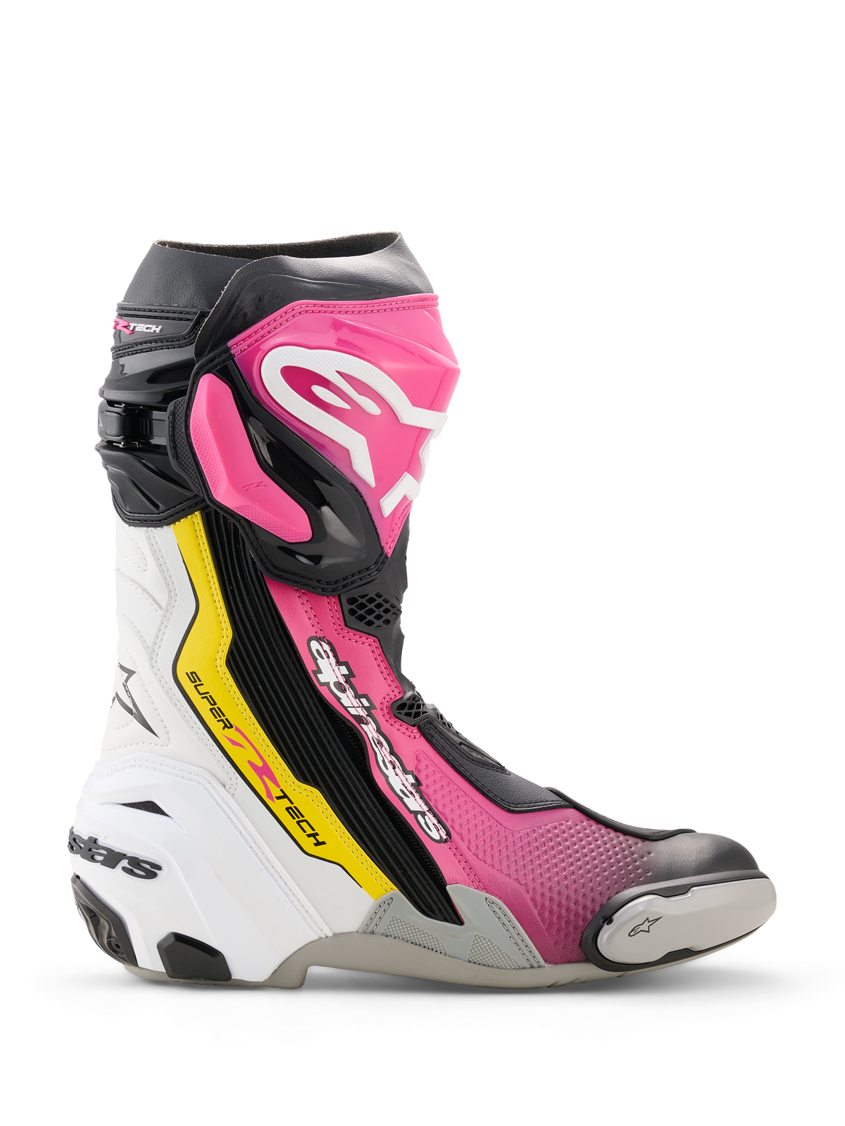 Stivali Alpinestars Supertech R, stivali da moto racing ad alte prestazioni in nero, magenta, bianco e giallo fluo, profilo laterale con protezione in TPU, slider sostituibile sulla punta e design racing ergonomico.
