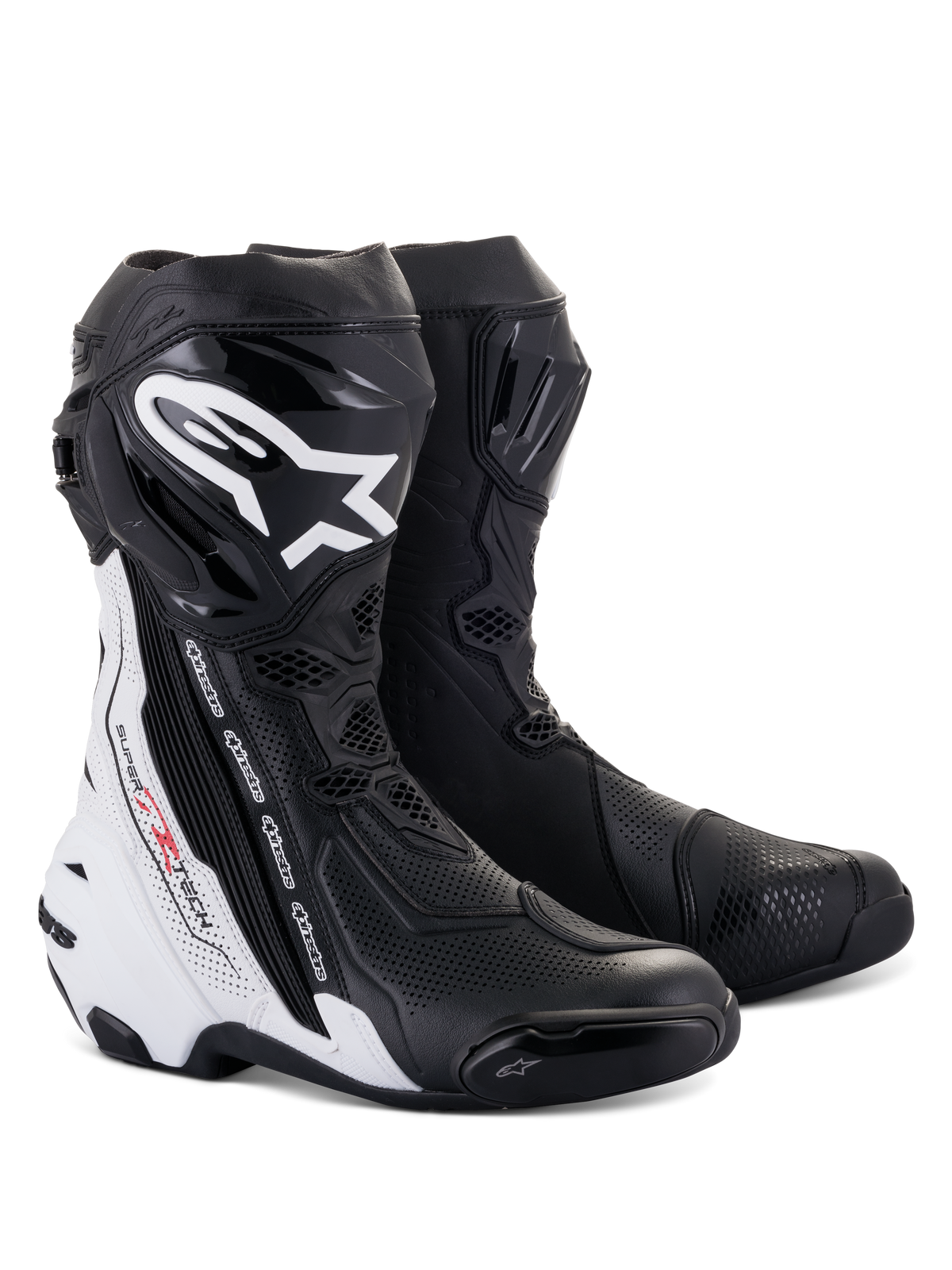 Alpinestars Supertech R Vented Boots, stivali da moto racing, bianco e nero, caratterizzati da ampie perforazioni per la ventilazione, logo bianco sulla tibia, protezioni in TPU e design aerodinamico per prestazioni in pista