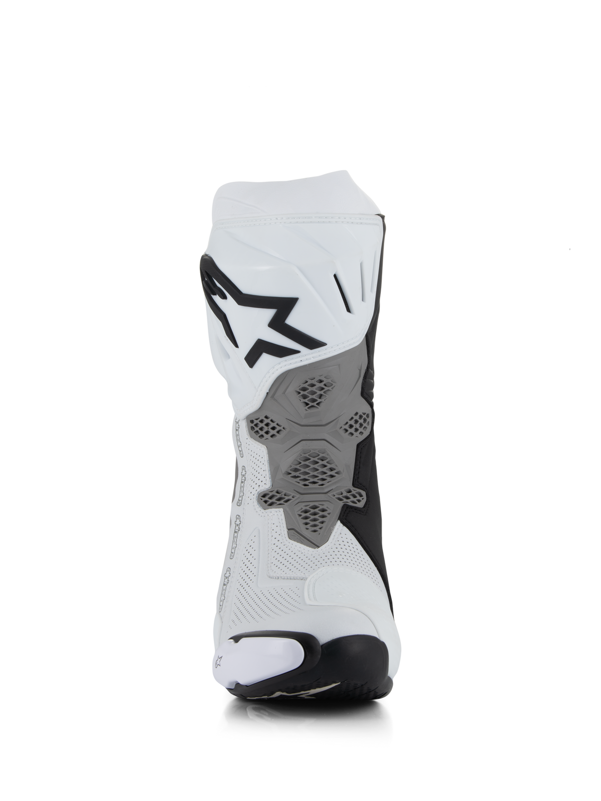 Stivali Alpinestars Supertech R Vented, Bianco Grigio Medio Nero, vista posteriore che mostra la costruzione in microfibra traforata, piastra del tallone grigia ridisegnata con trama a nido d'ape, logo nero sulla parte superiore del polpaccio, calzature professionali da corsa e sportive per moto