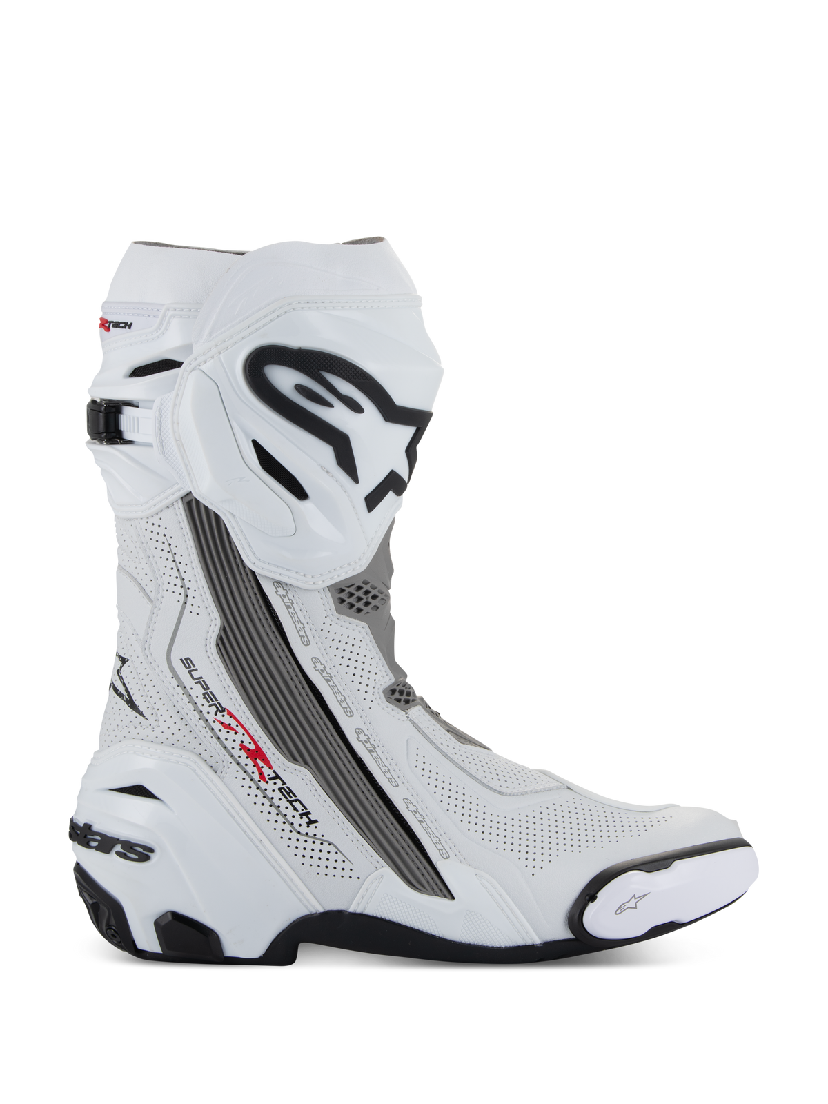 Alpinestars Supertech R Vented Boots, stivali da moto racing, bianco con dettagli grigio medio e nero, vista laterale con pannelli in microfibra traforata per la circolazione dell'aria, grande logo Alpinestars bianco e nero sulla tibia, design aerodinamico con slider sostituibili e suola in gomma nera