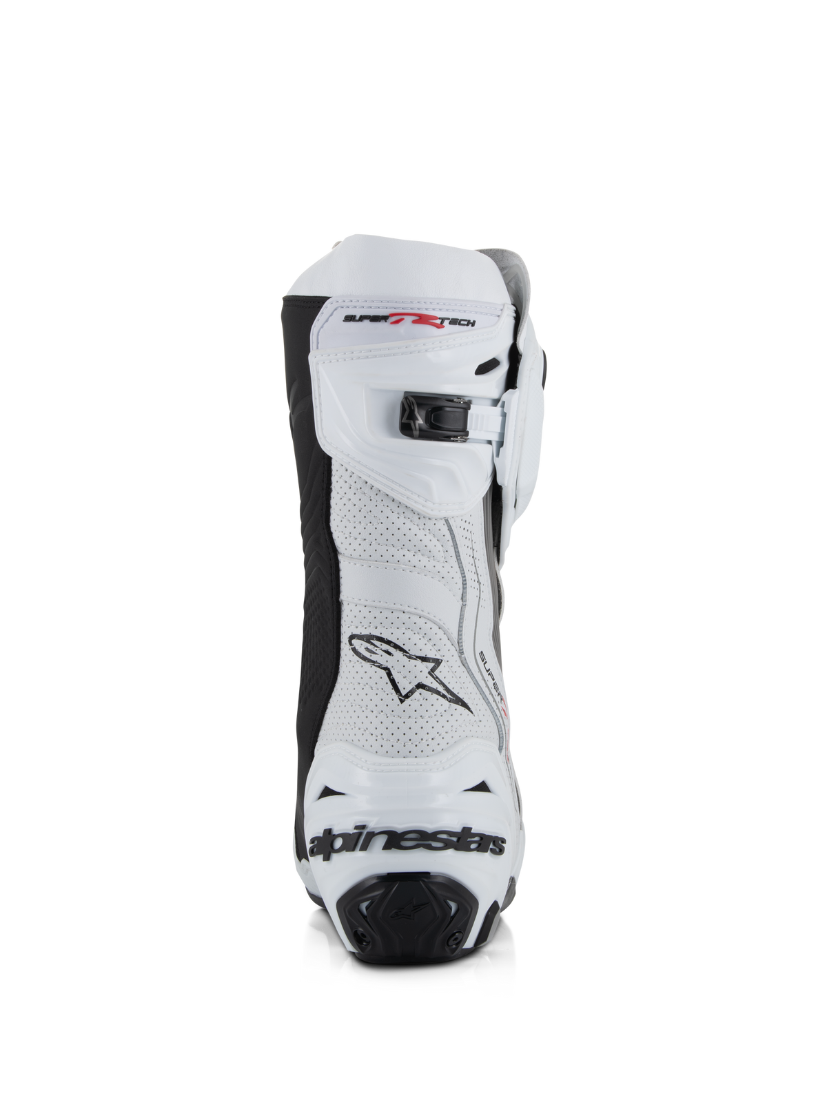 Stivali Alpinestars Supertech R Vented, bianco, grigio medio e nero, vista posteriore con tomaia in microfibra traforata, chiusura a cricchetto micro-regolabile sulla parte superiore e protezione del tallone integrata con logo Alpinestars.