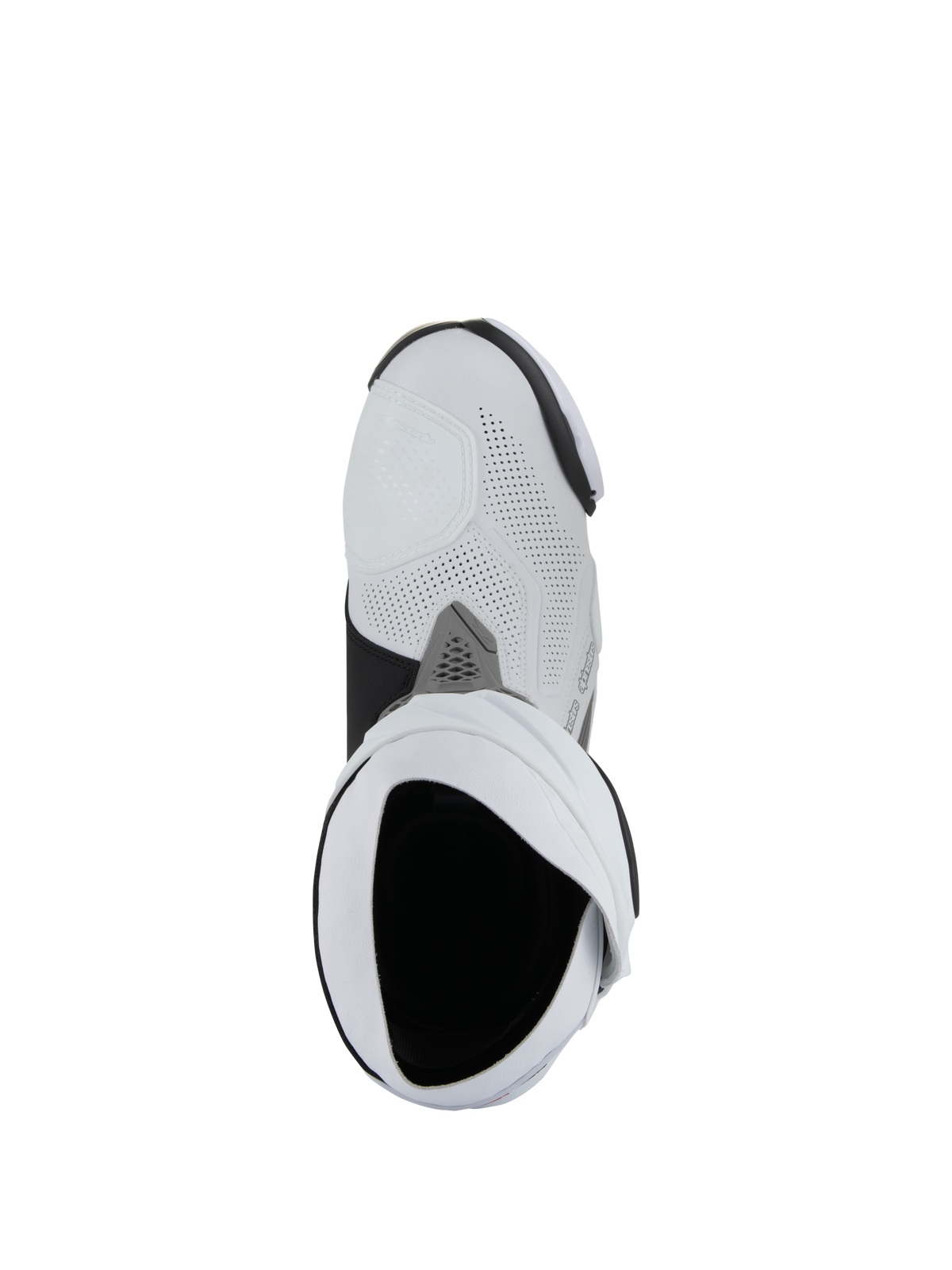 Alpinestars Supertech R Vented Boots, stivali da moto racing, bianco, grigio medio e nero, vista dall'alto a volo d'uccello dell'apertura dello stivale, con struttura in microfibra traforata e design racing elegante