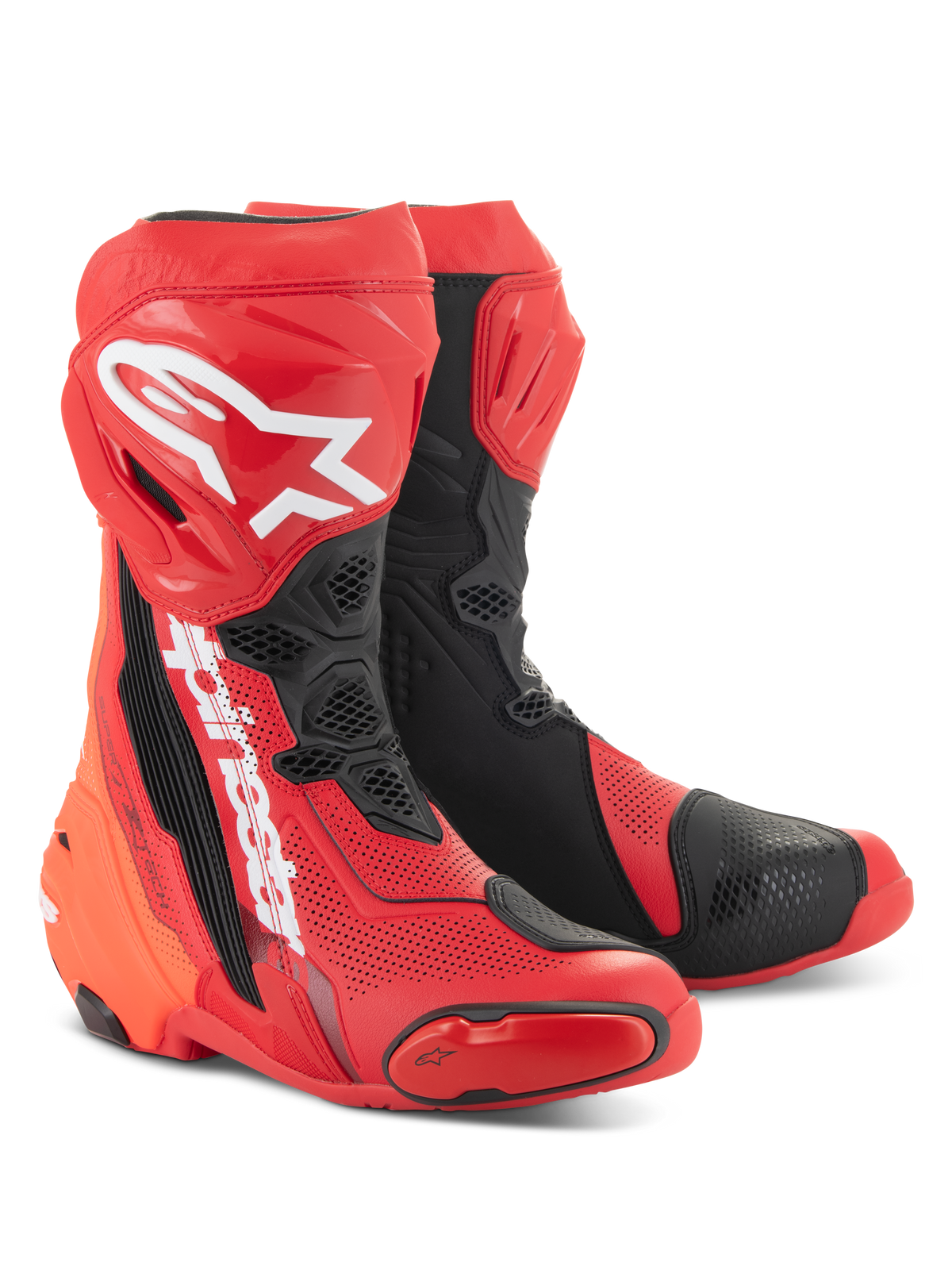 Alpinestars Supertech R Vented Boots, rosso vivo e nero, stivali da moto da corsa ad alte prestazioni con ampie perforazioni, logo A-star bianco sullo stinco e pannelli protettivi in TPU resistenti