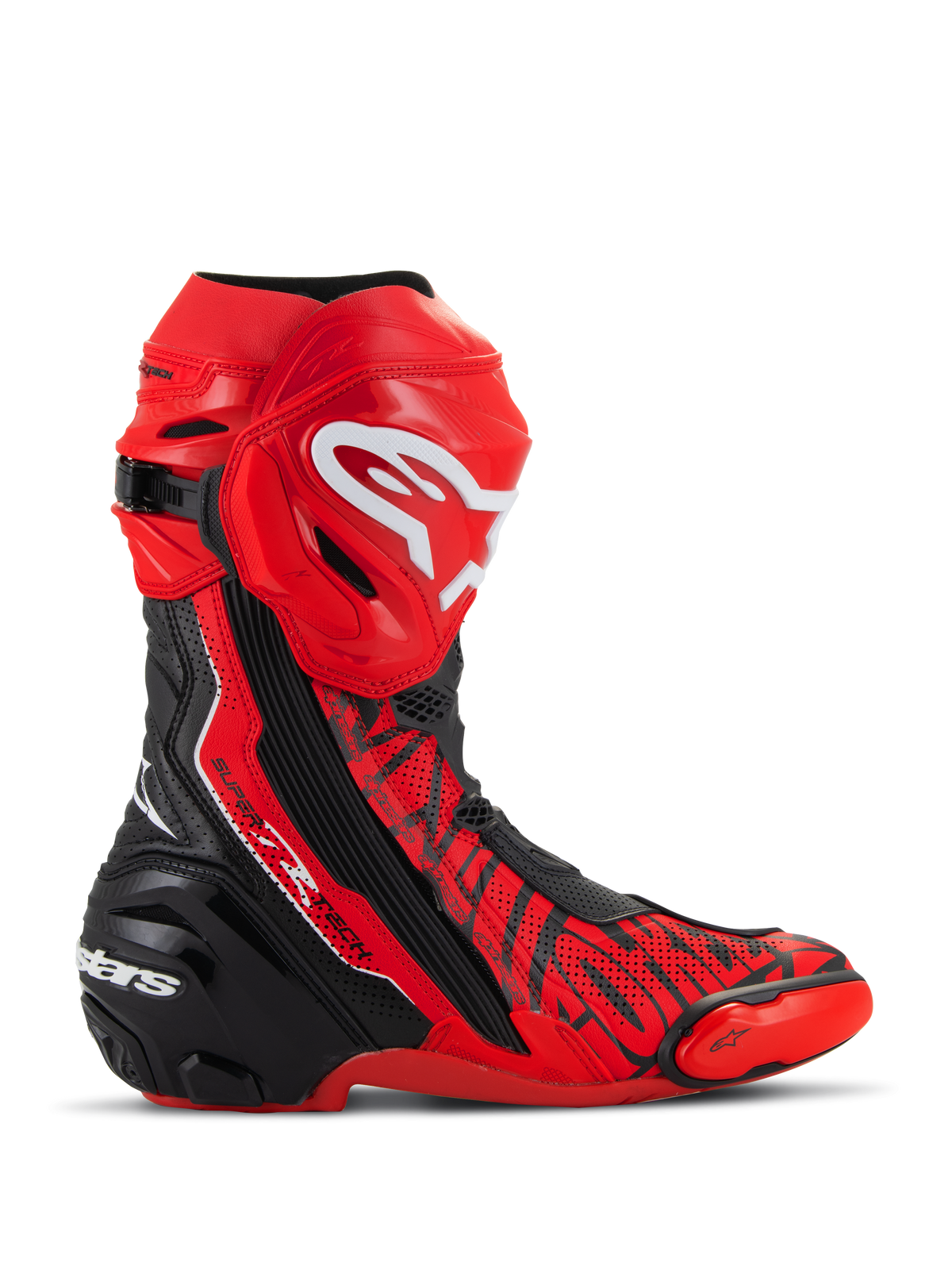 Alpinestars Stivali Supertech R LE Pecco Bagnaia Vented, stivali da moto racing, rosso con dettagli neri e bianchi, costruzione in microfibra traforata per la ventilazione, placca tibiale in TPU rosso con logo bianco, tallone rinforzato nero e slider punta sostituibili, design professionale per la pista