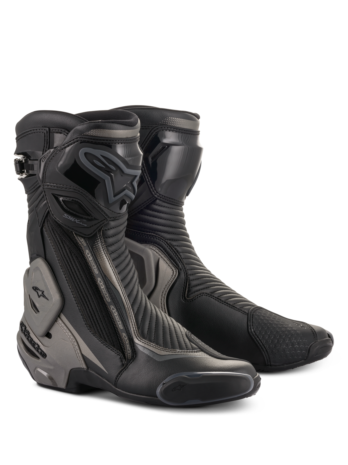Stivali Alpinestars SMX Plus V2, stivali da moto racing e sportivi, nero e grigio scuro, con protezione avanzata della caviglia Multi-Link Control, placca stinco in TPU e slider sostituibili, costruzione in microfibra aerodinamica per guida su strada