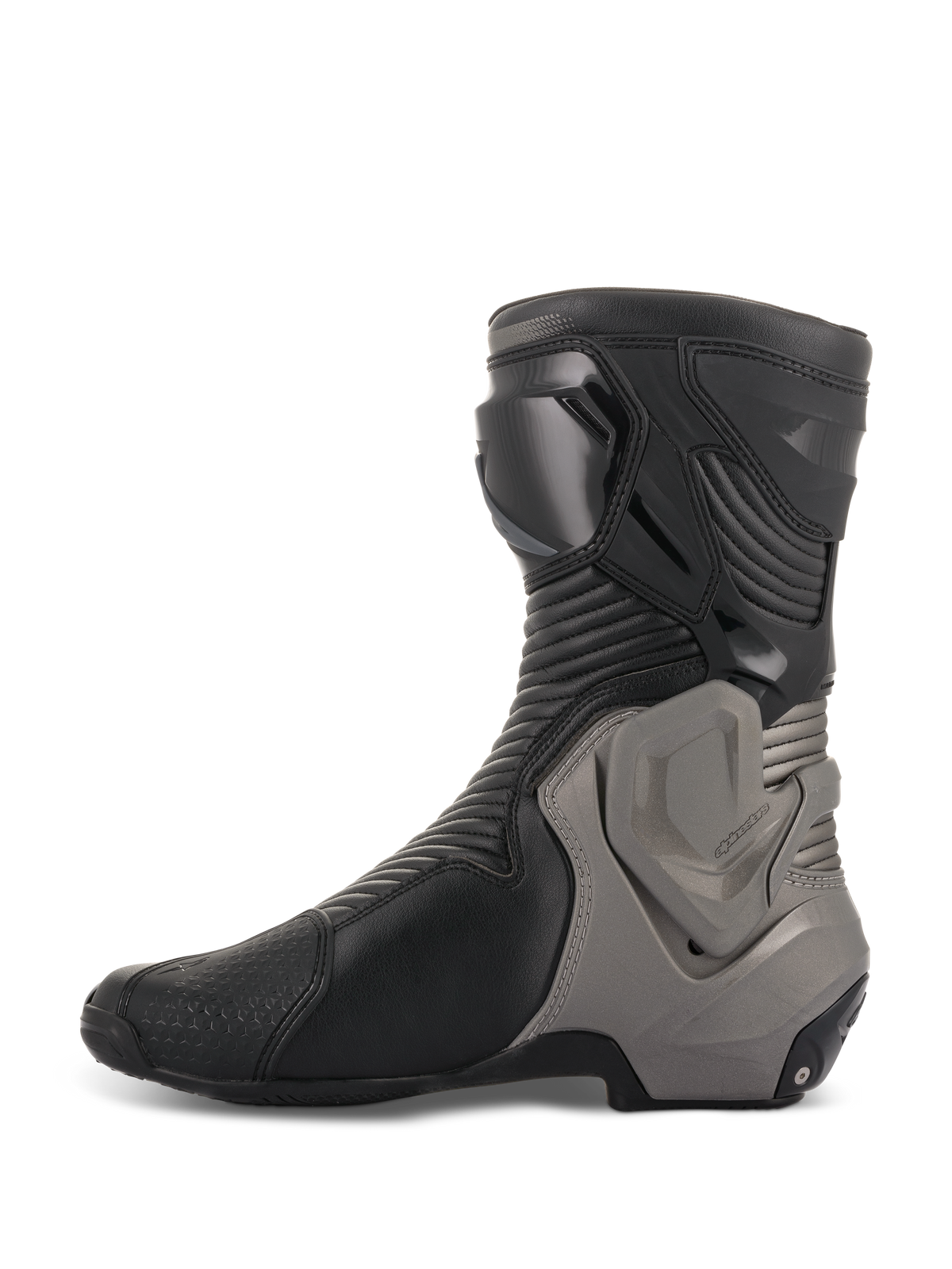 Stivali Alpinestars SMX Plus V2, stivali moto racing, nero e grigio scuro, profilo laterale che mostra la tomaia in microfibra con pannelli a soffietto e sistema di protezione della caviglia Multi-Link Control grigio