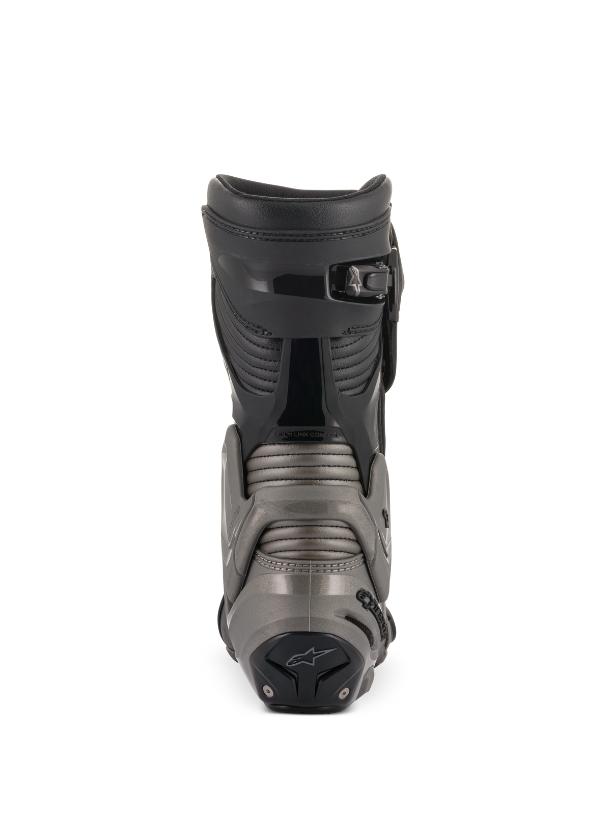 Stivali Alpinestars SMX Plus V2, nero e grigio scuro, vista posteriore che mostra il sistema Multi-Link Control, i pannelli a soffietto sul tendine d'Achille e la chiusura superiore a cricchetto micro-regolabile per una protezione moto avanzata.