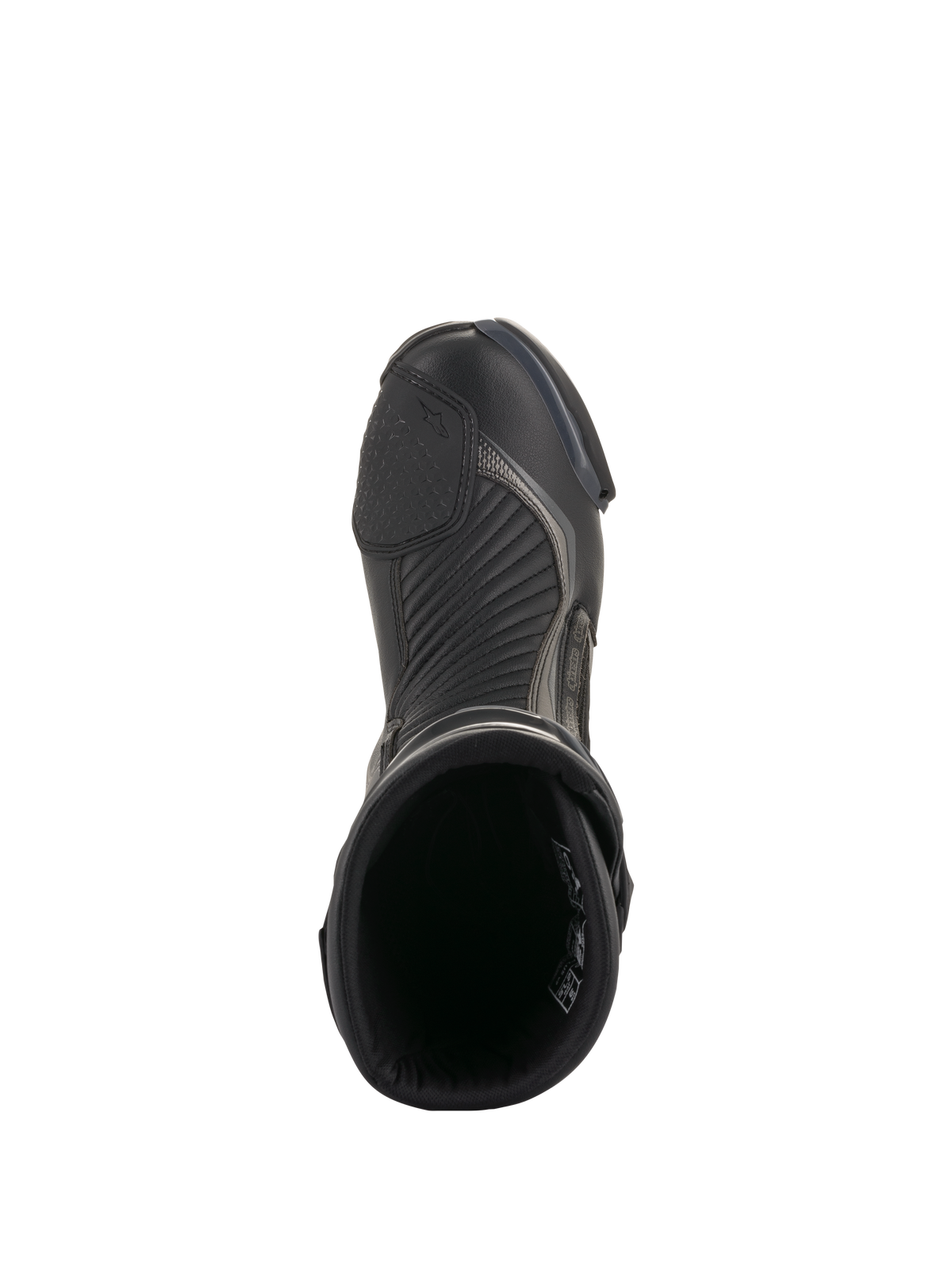 Stivali Alpinestars SMX Plus V2, nero e grigio scuro, vista dall'alto di un singolo stivale da moto, con protezione cambio testurizzata, zone di flessione a soffietto e design con apertura superiore, calzatura tecnica per guida su strada