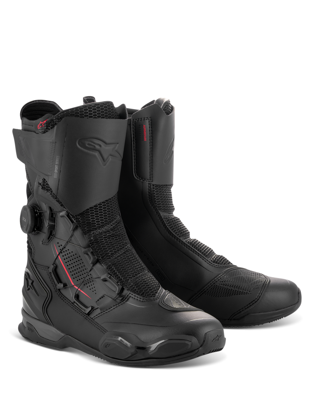Alpinestars SP-X BOA® Boots, stivali sportivi da moto a media altezza in nero, con sistema di chiusura BOA® Fit System laterale, pannelli in mesh Rideknit e rinforzi protettivi in TPU per la guida su strada.