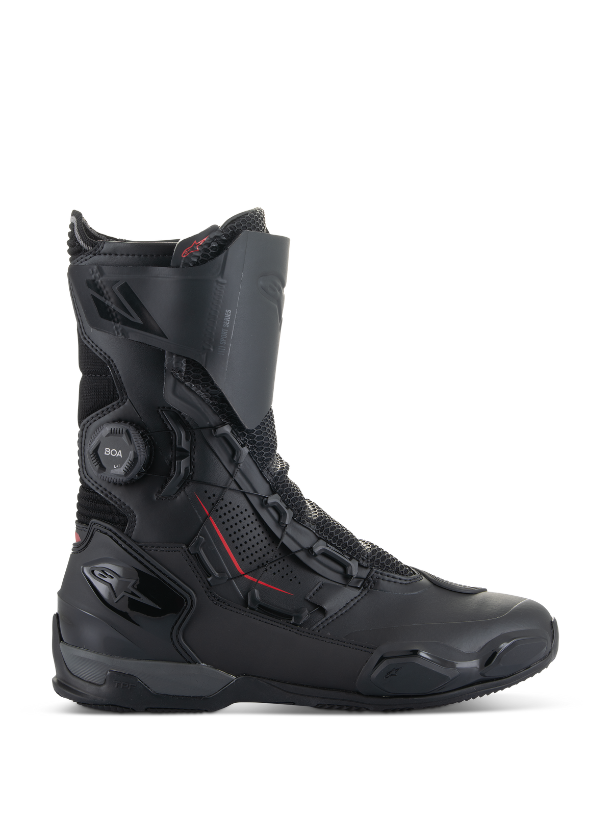 Stivali Alpinestars SP-X BOA®, stivali da moto sportivi, neri con accenti rossi, sistema di chiusura BOA®, costruzione a media altezza con pannelli in microfibra e mesh, protezione in TPU su tallone e punta, design elegante per guida su strada