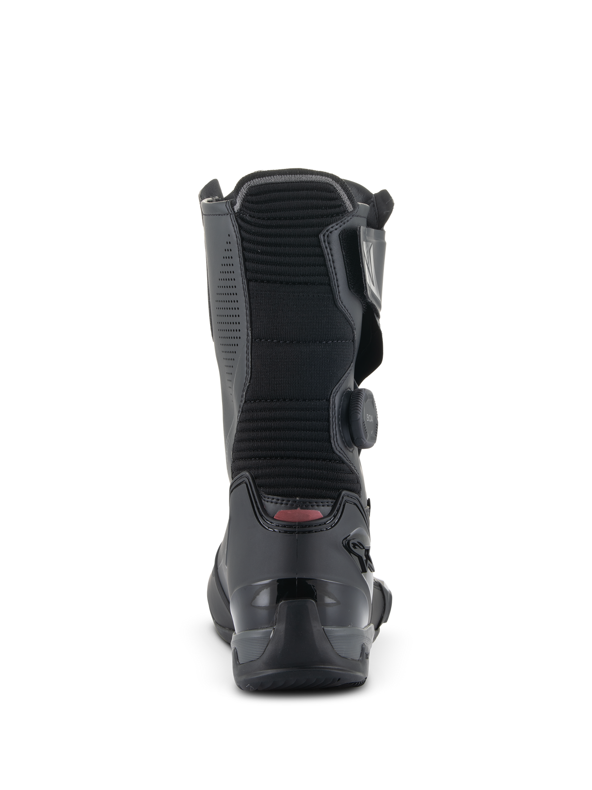 Stivali Alpinestars SP-X BOA, stivali sportivi da moto a media altezza, nero, vista posteriore che evidenzia il pannello flessibile a soffietto a coste, il contrafforte del tallone in TPU rinforzato e il rotore laterale del BOA Fit System
