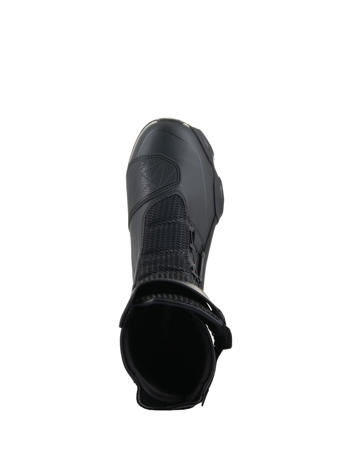 Stivali Alpinestars SP-X BOA®, Nero, vista dall'alto dell'apertura della caviglia, con mesh Rideknit® e sistema BOA® Fit System laterale, stivale da moto sportivo a media altezza