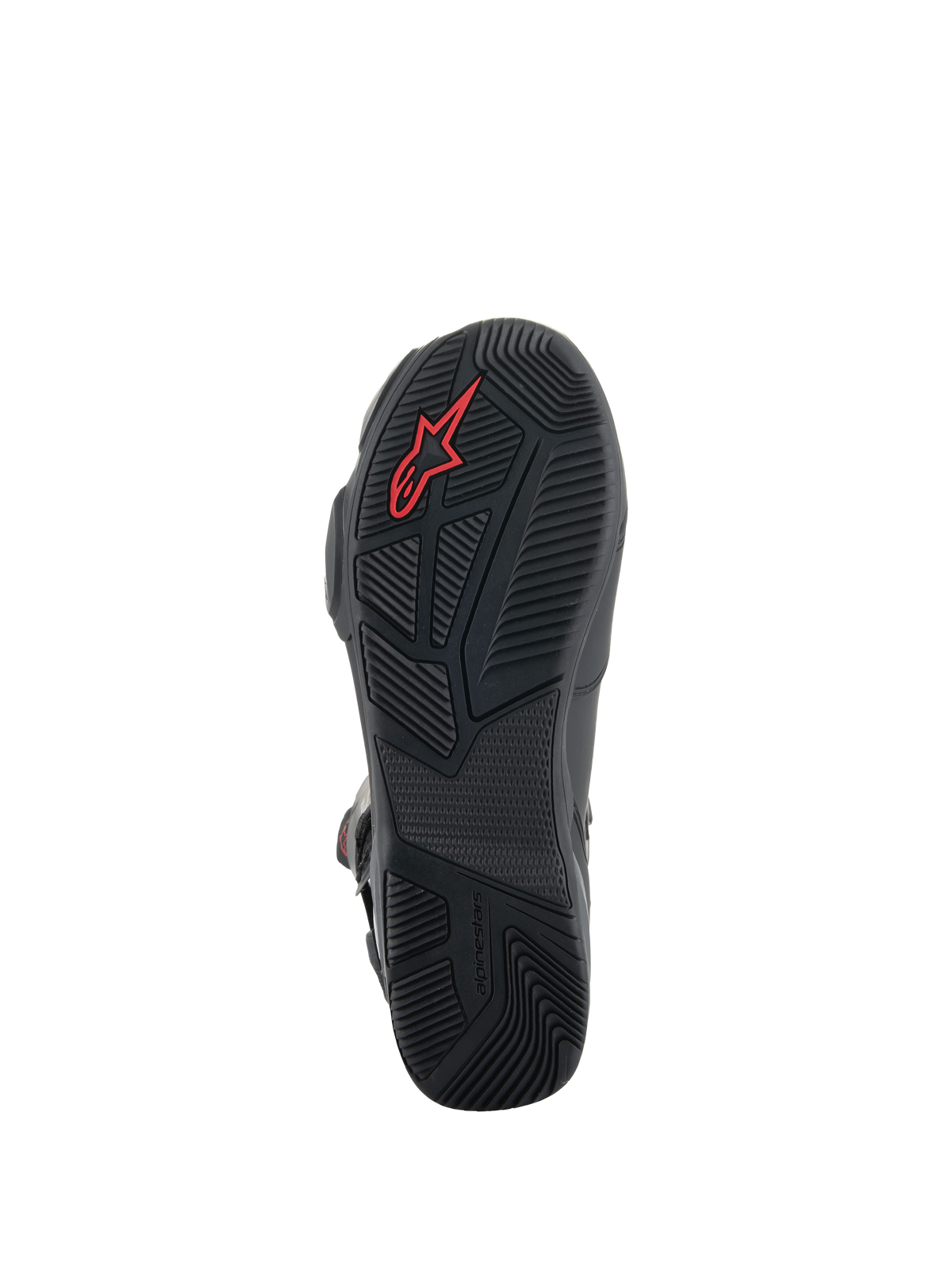 Stivali Alpinestars SP-X BOA®, stivali da moto neri, vista dettagliata della suola in gomma con motivi di grip testurizzati, logo Alpinestars rosso e design asimmetrico del tallone per la stabilità della camminata